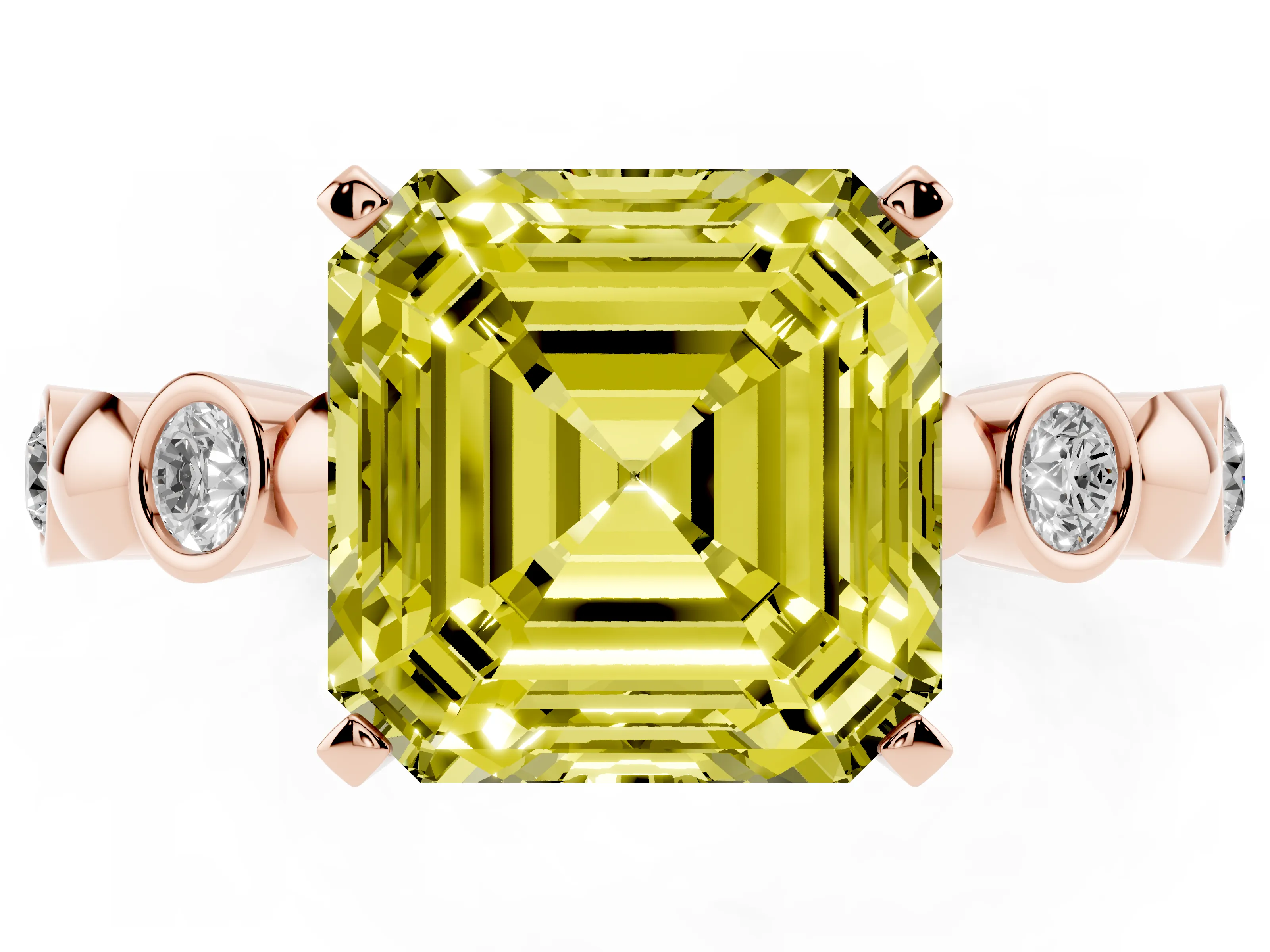 Fancy Yellow Asscher Cut Diamond Solitaire Ring Set in Rose gold with Bezel-Set Accents on Beaded Band and Prong Setting