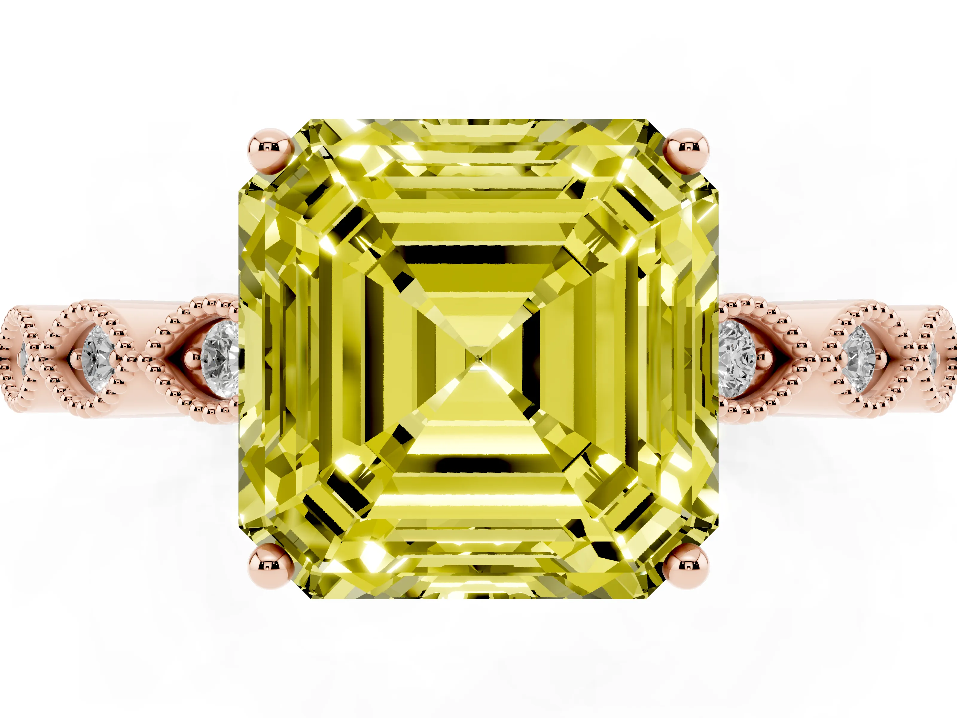 Fancy Yellow Asscher Cut Diamond Solitaire Ring Set in Rose gold with Infinity Twist Pavé Band