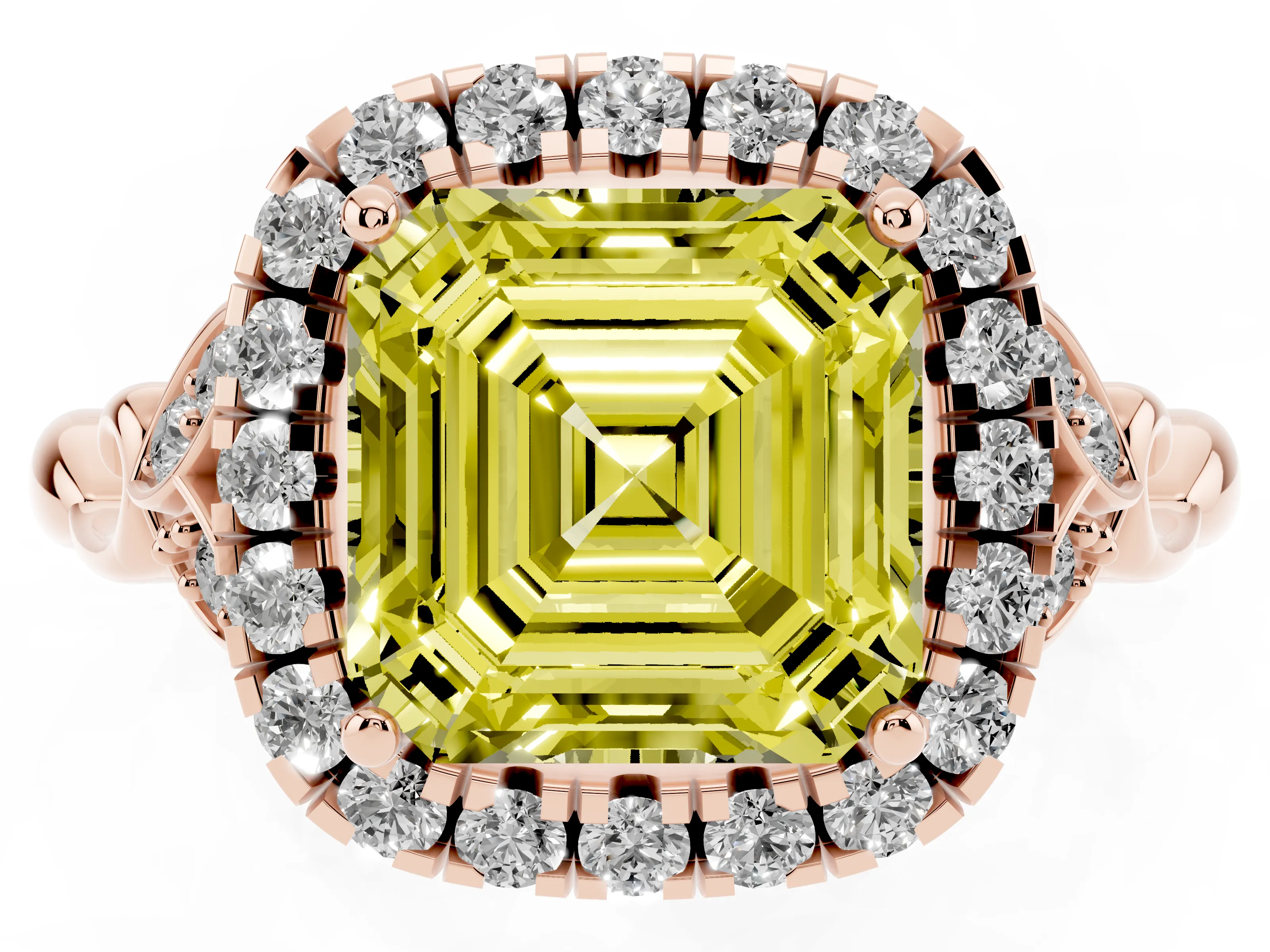 Fancy Yellow Asscher Cut Diamond Halo Engagement Ring Set in Rose gold with Vintage-Inspired Band and Prong Setting