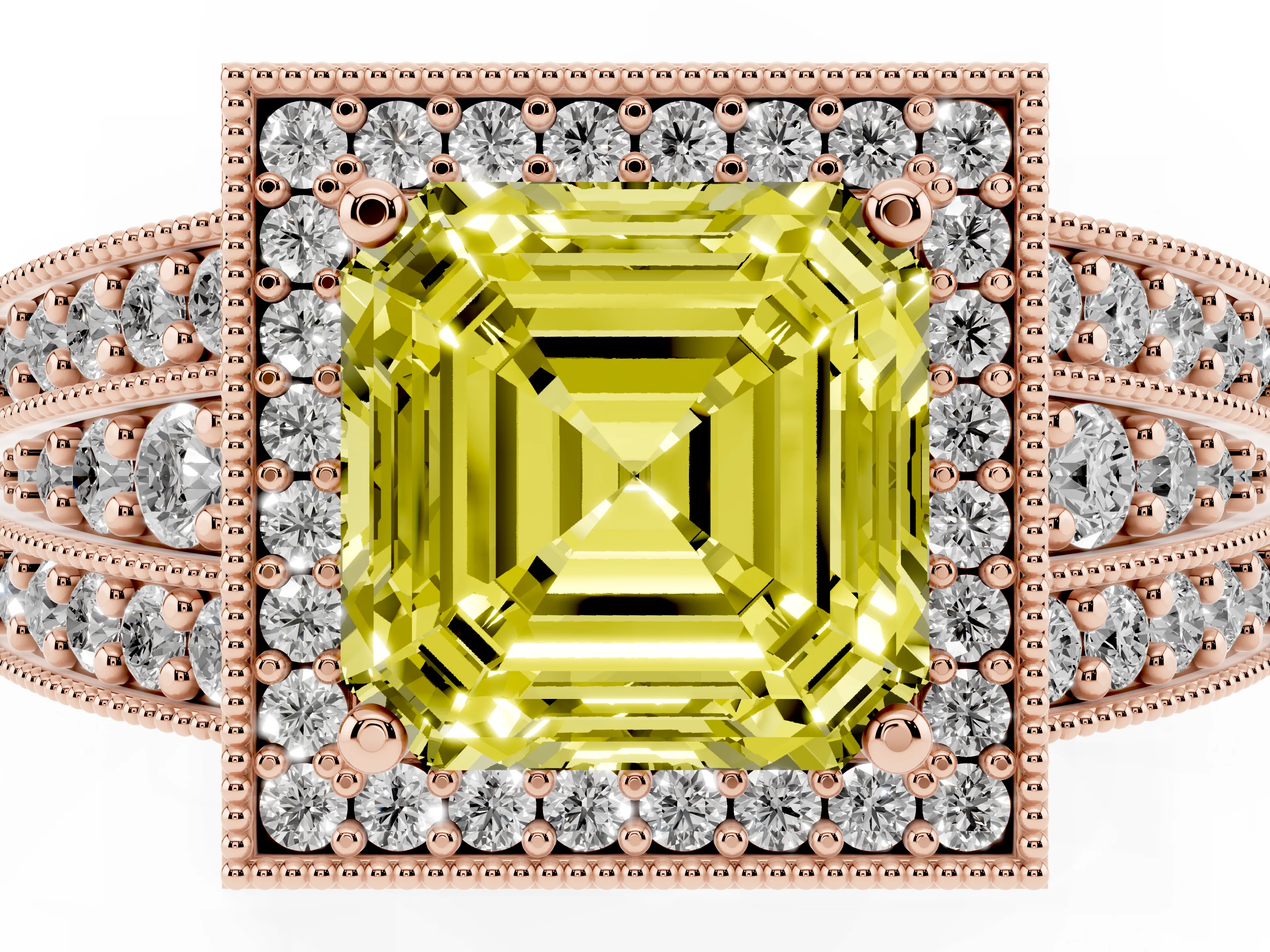 Fancy Yellow Asscher Cut Diamond Halo Ring Set in Rose gold with Accent Split Shank and Prong Setting