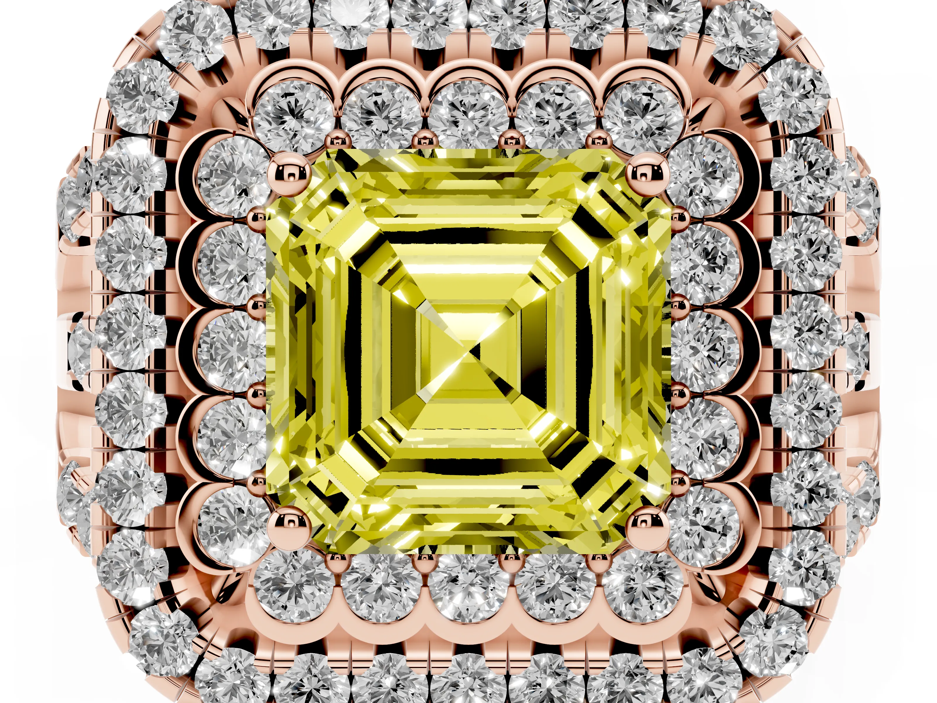 Fancy Yellow Asscher Cut Diamond Double Halo Ring Set in Rose gold with Round Pavé Split Shank