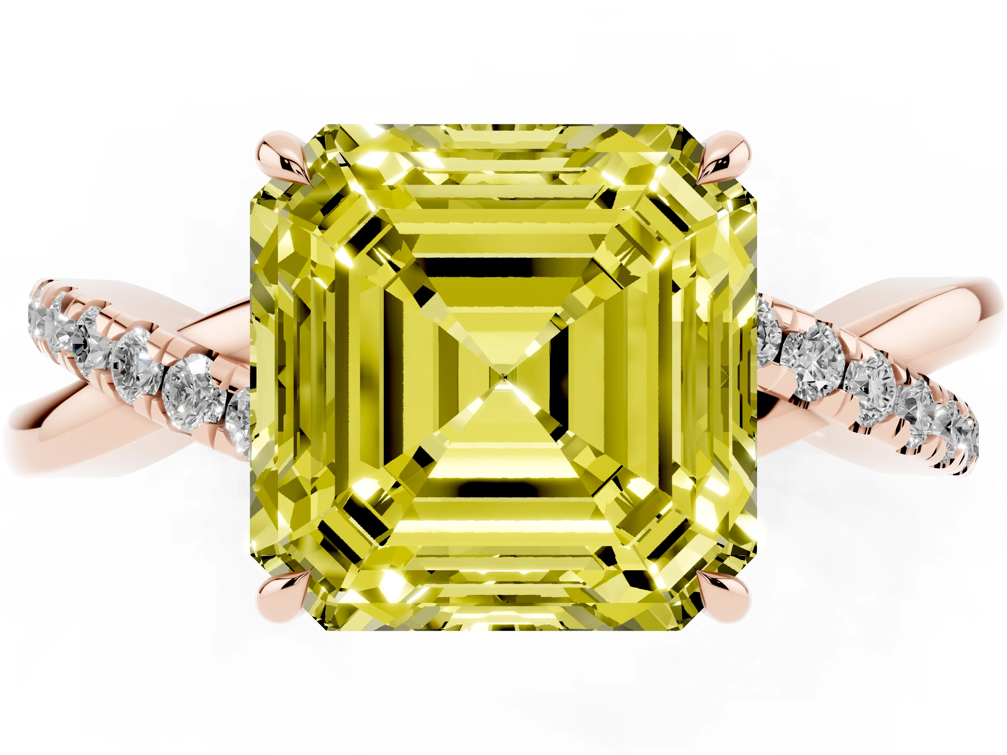 Fancy Yellow Asscher Cut Diamond Twisted Pavé Band Ring Set in Rose gold with Prong Setting