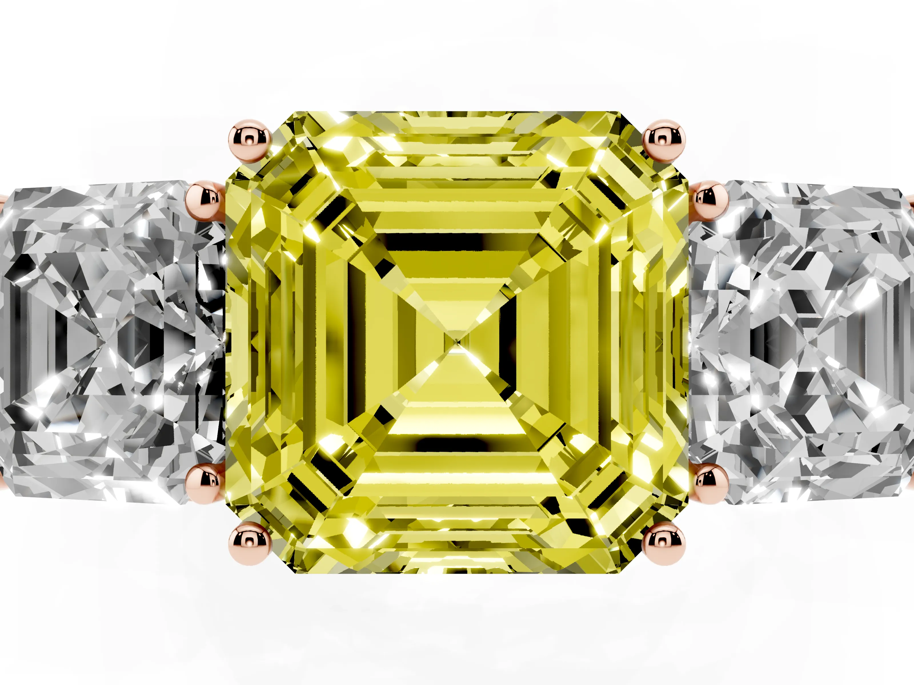 Fancy Yellow Asscher Cut Diamond Three-Stone Ring Set in Rose gold with Textured Band