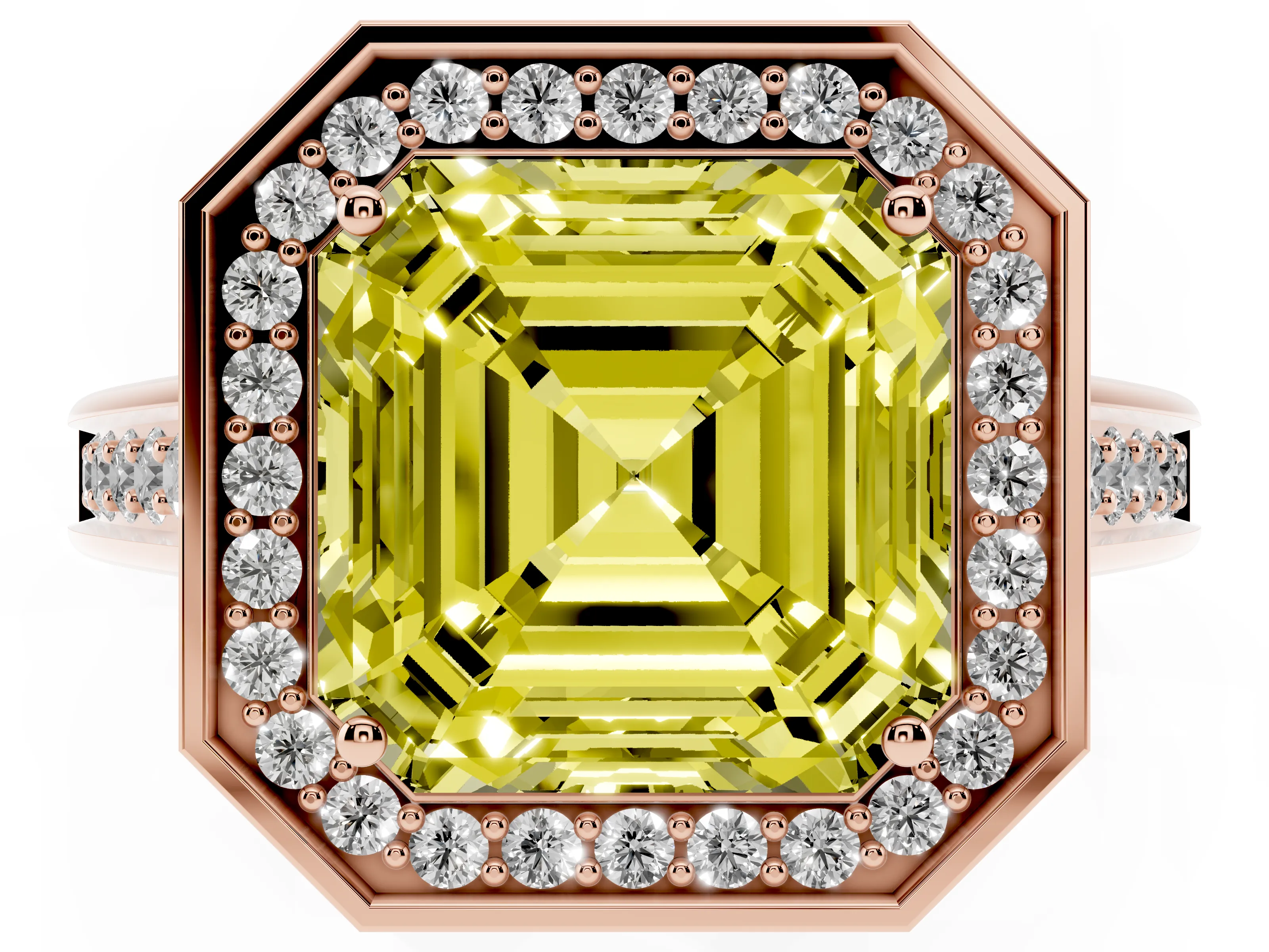 Fancy Yellow Asscher Cut Diamond Halo Solitaire Ring Set in Rose gold with Pavé Band and Bezel Setting