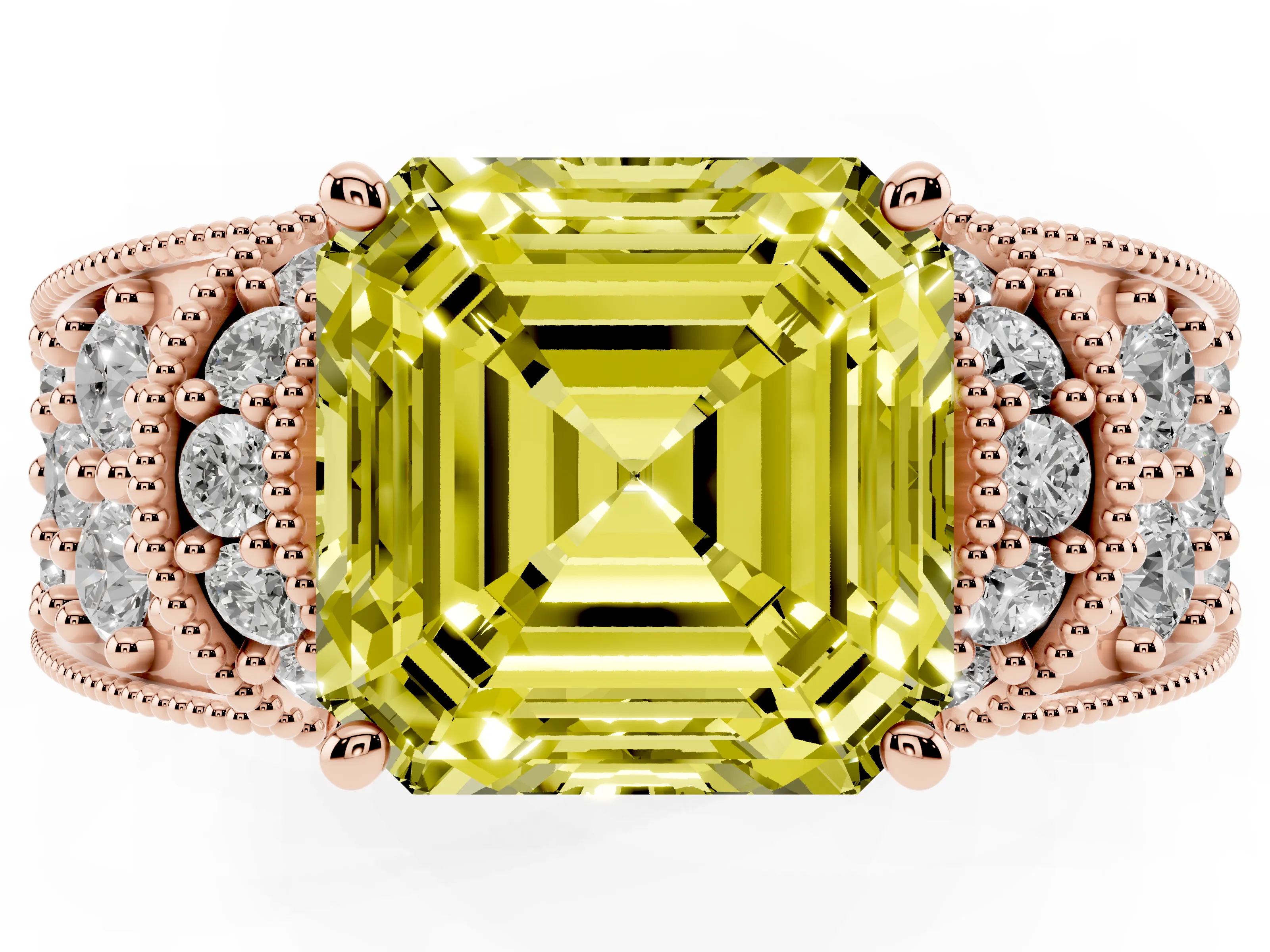 Fancy Yellow Asscher Cut Diamond Milgrain Halo Pavé Engagement Ring Set in Rose gold with Prong Setting