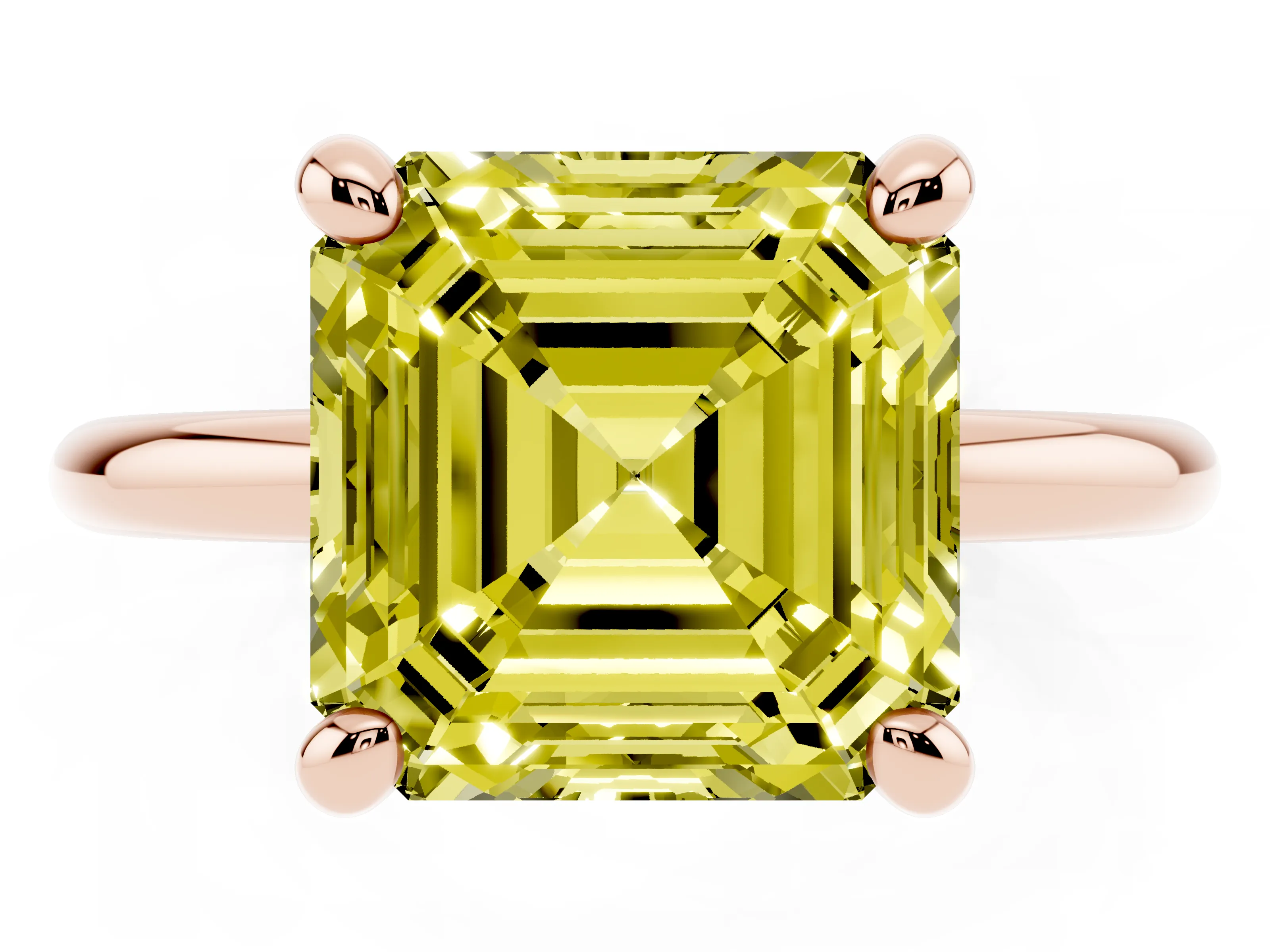 Fancy Yellow Asscher Cut Diamond Solitaire Ring Set in Rose gold with Prong Setting on a Polished Plain Band
