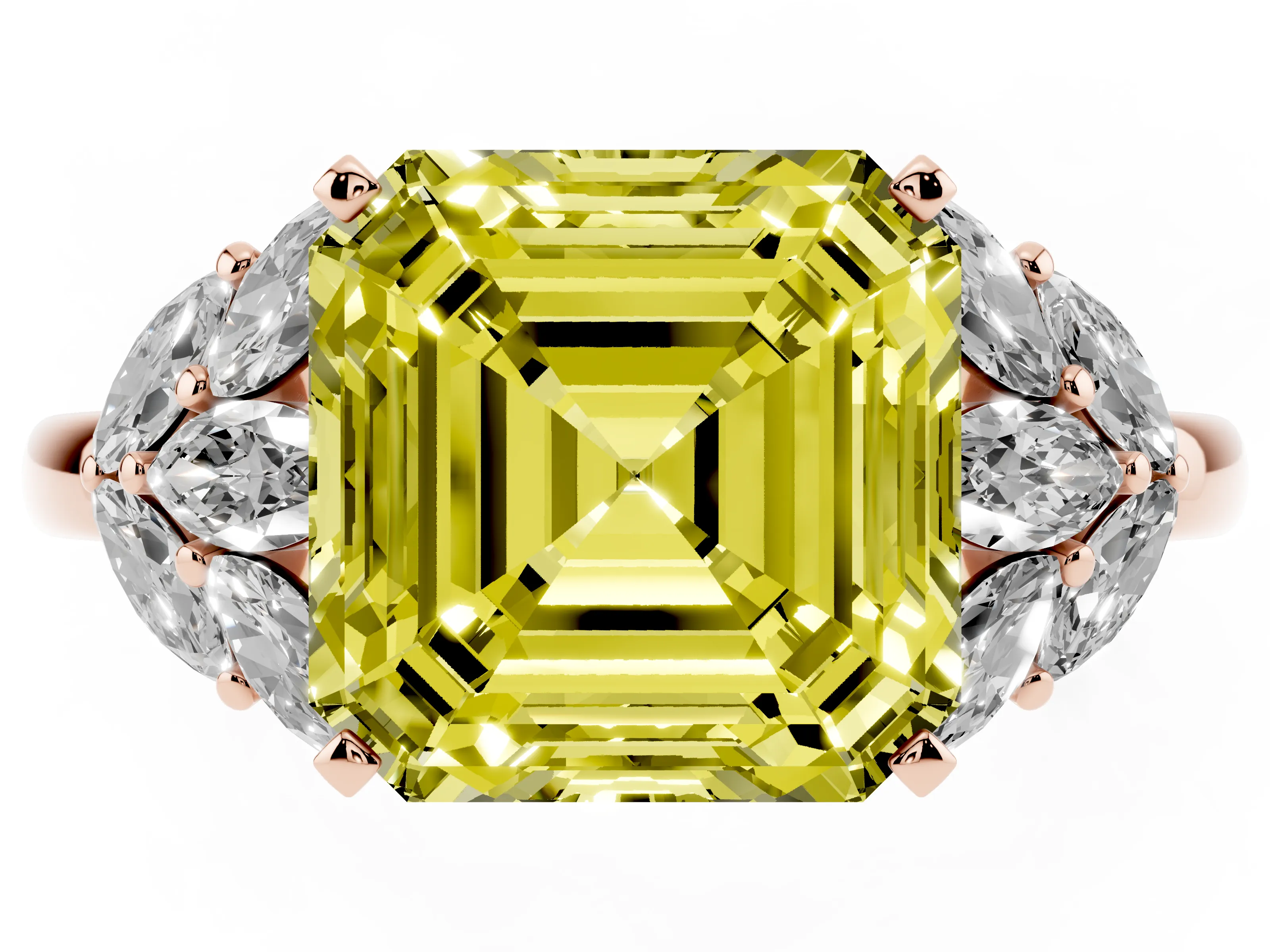 Fancy Yellow Asscher Cut Diamond Cluster Leaf Design Ring Set in Rose gold with Prong Setting