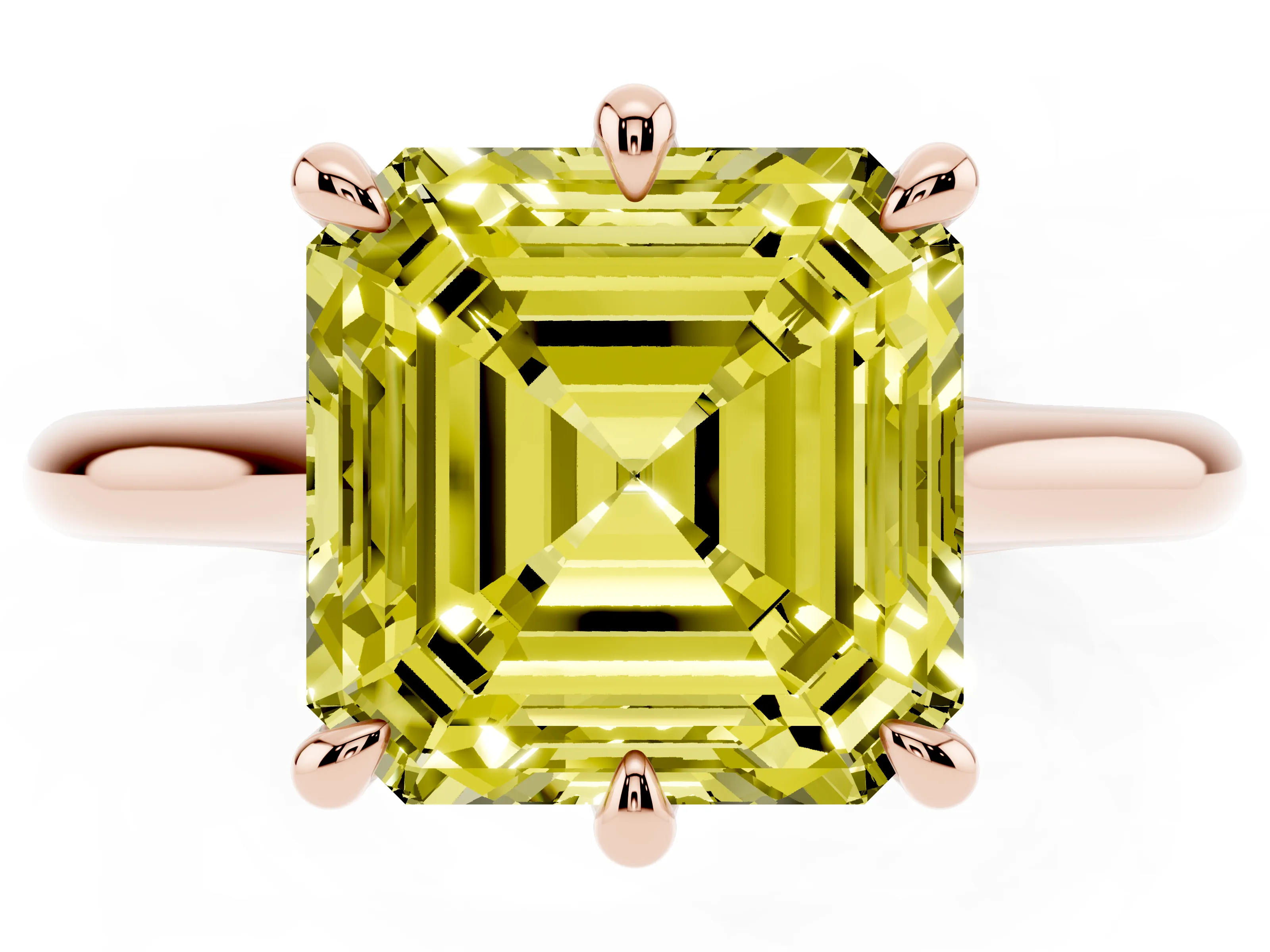 Fancy Yellow Asscher Cut Diamond Solitaire Engagement Ring Set in Rose gold with Prong Setting and Plain Classic Band