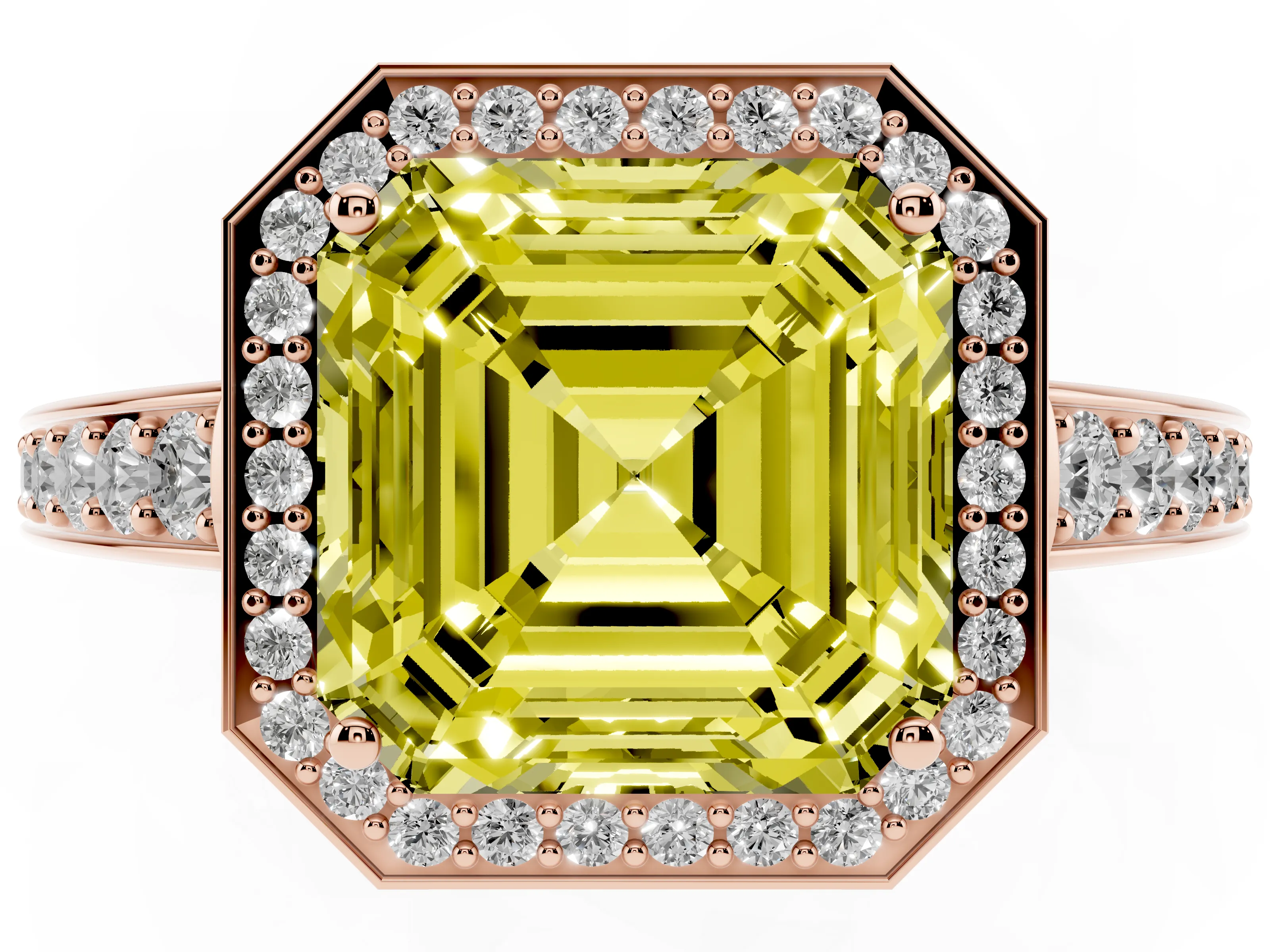 Fancy Yellow Asscher Cut Diamond Halo Pavé Engagement Ring Set in Rose gold with Bezel Setting