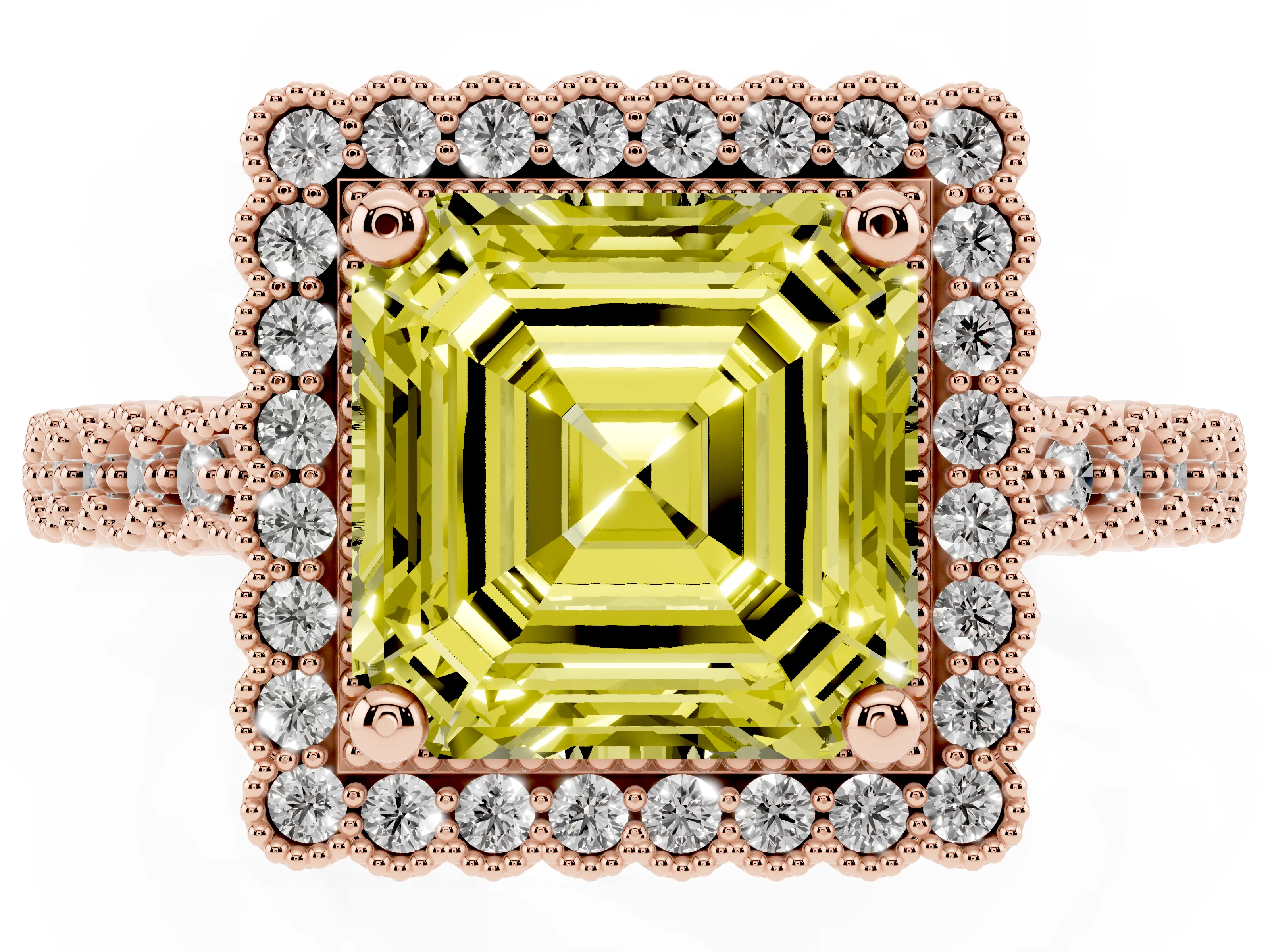 Fancy Yellow Asscher Cut Diamond Halo Ring Set in Rose gold with Pavé Milgrain Band