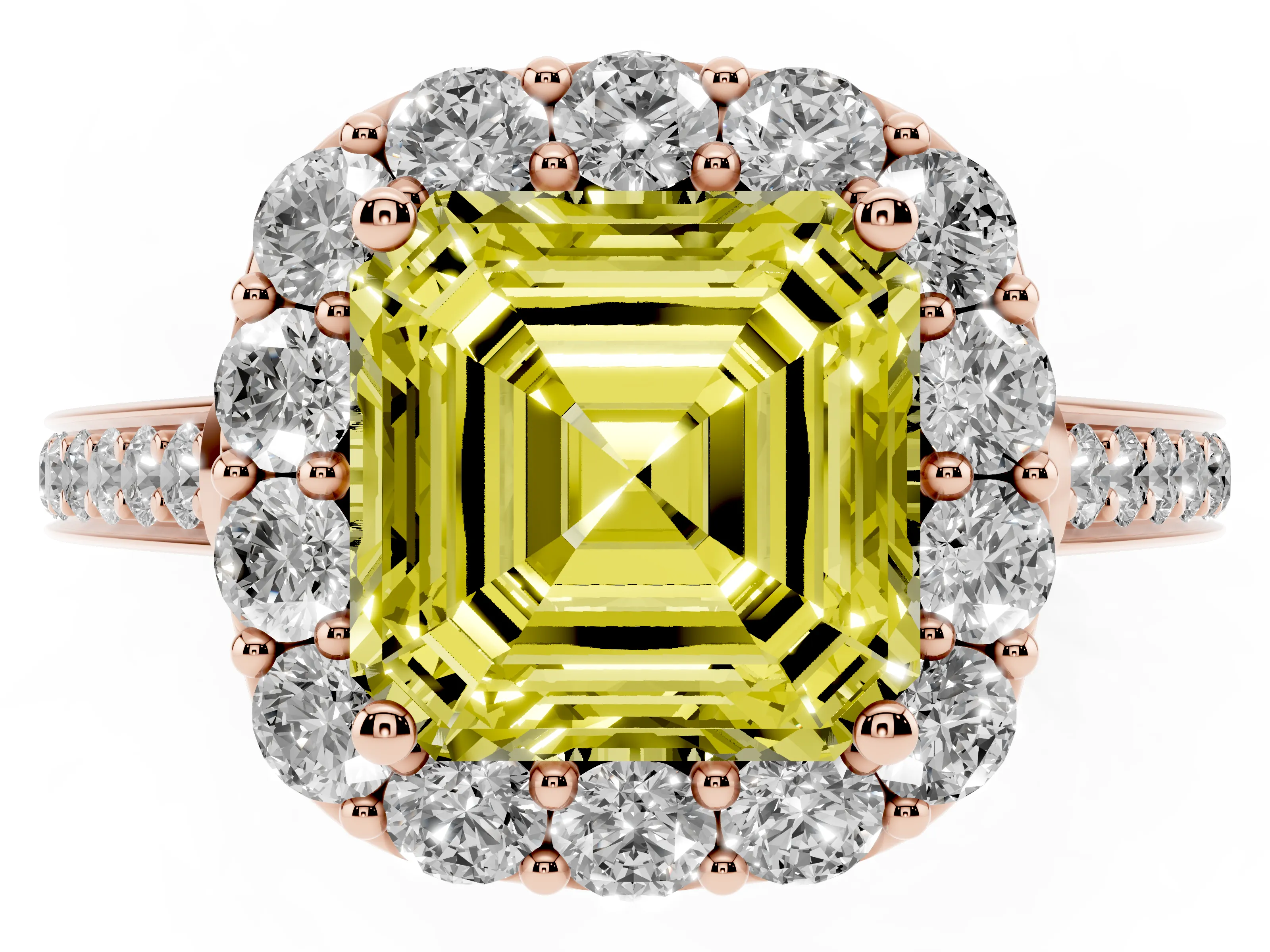 Fancy Yellow Asscher Cut Diamond Floral Halo Ring Set in Rose gold with Pavé Band and Prong Setting