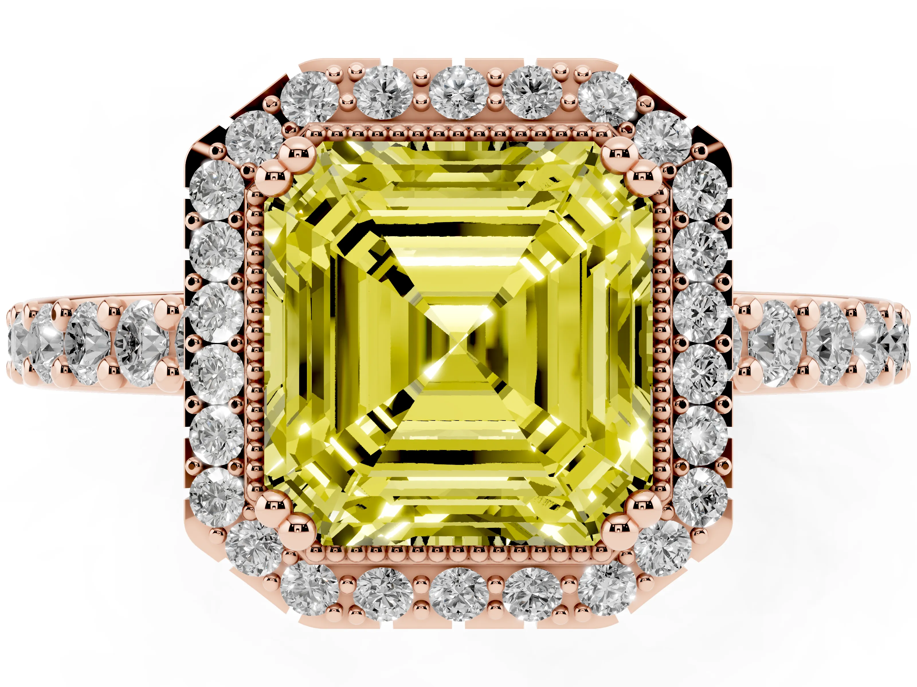 Fancy Yellow Asscher Cut Diamond Halo Engagement Ring Set in Rose gold with Milgrain Detail and Pavé Band