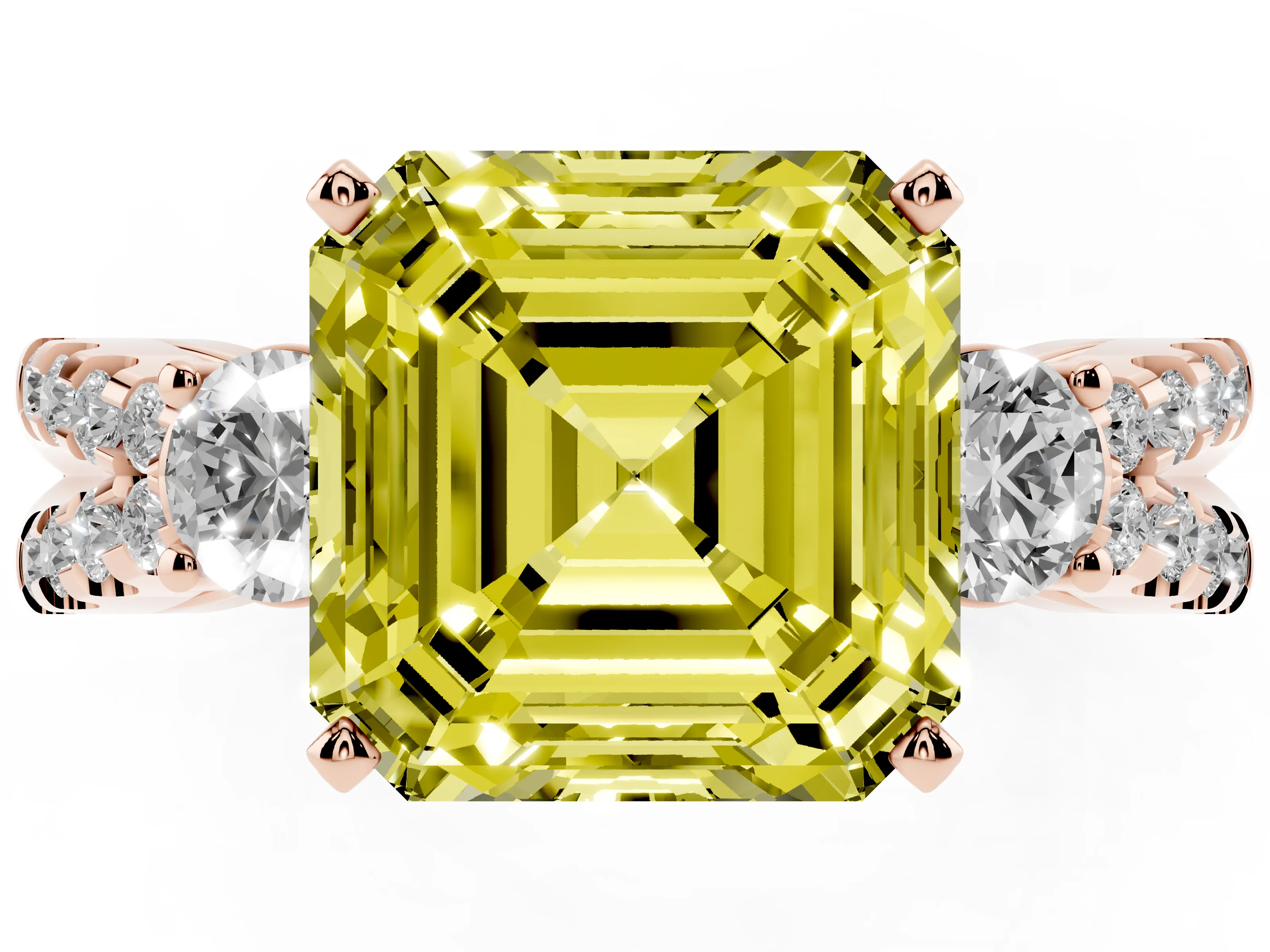 Fancy Yellow Asscher Cut Diamond Three-Stone Ring Set in Rose gold with Pavé Split Shank and Prong Setting