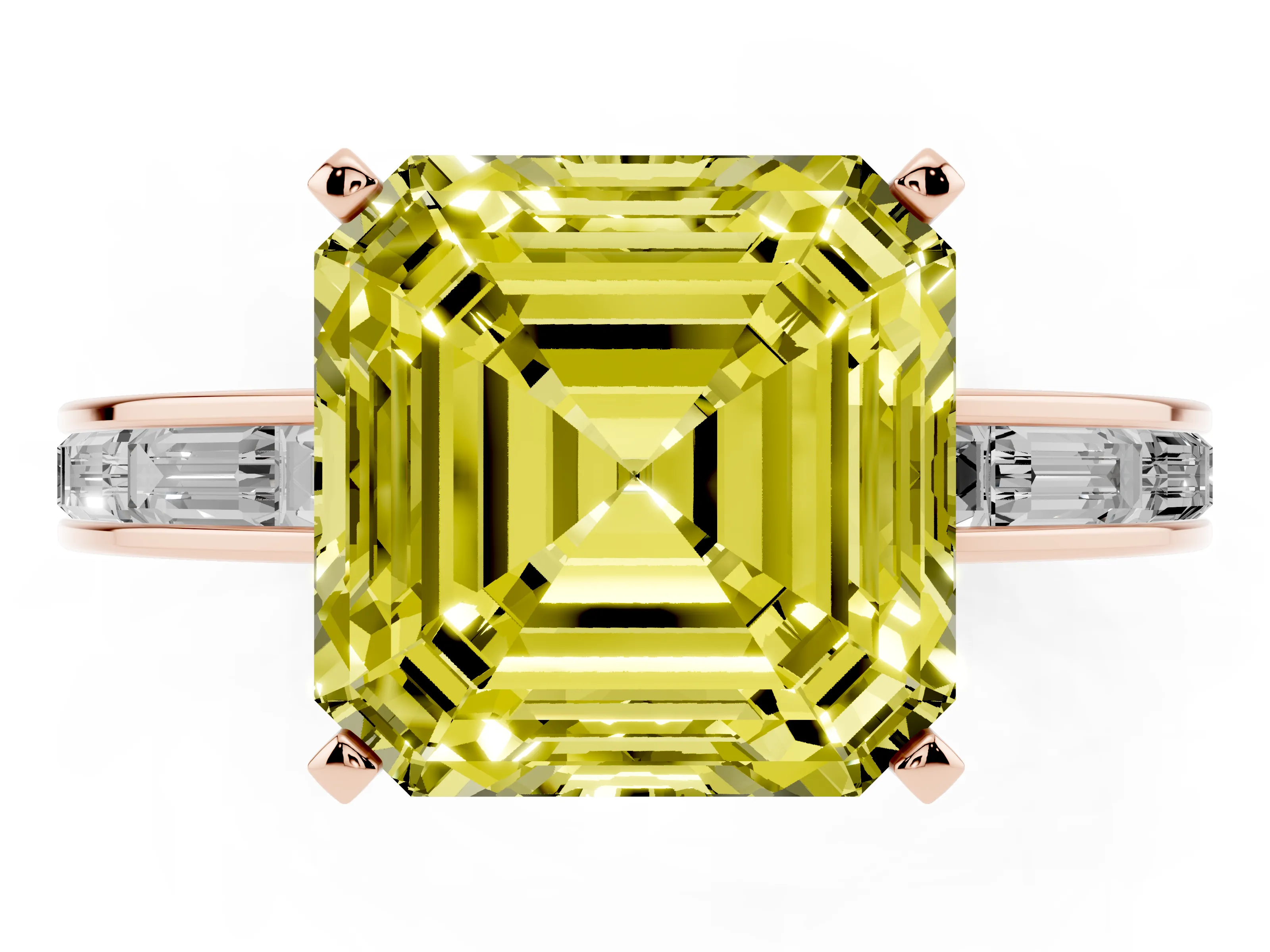 Fancy Yellow Asscher Cut Diamond Solitaire Ring Set in Rose gold with Channel-Set Baguette Band and Prong Setting