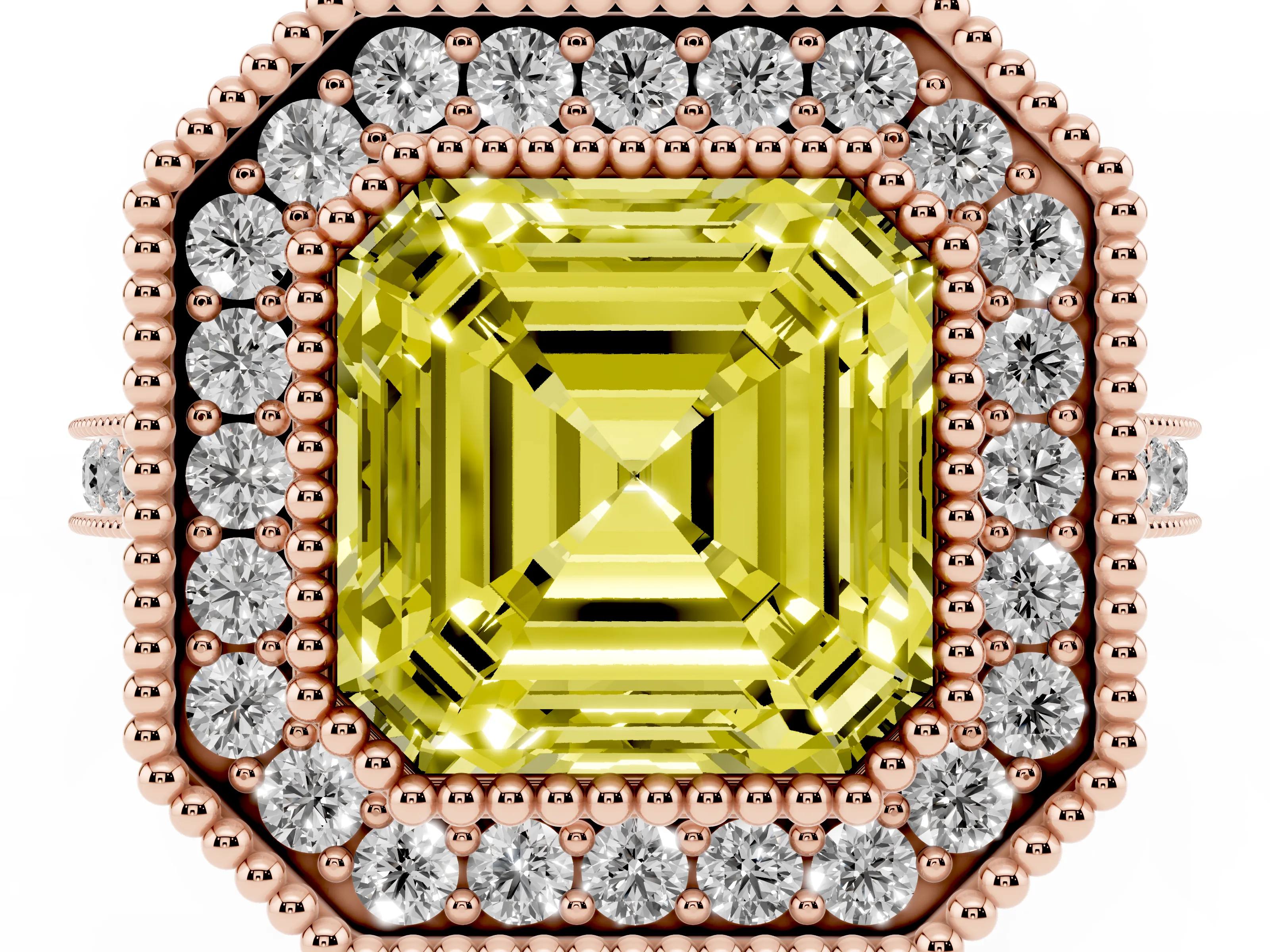 Fancy Yellow Asscher Cut Diamond Halo Ring Set in Rose gold with Milgrain Frame and Pavé Band