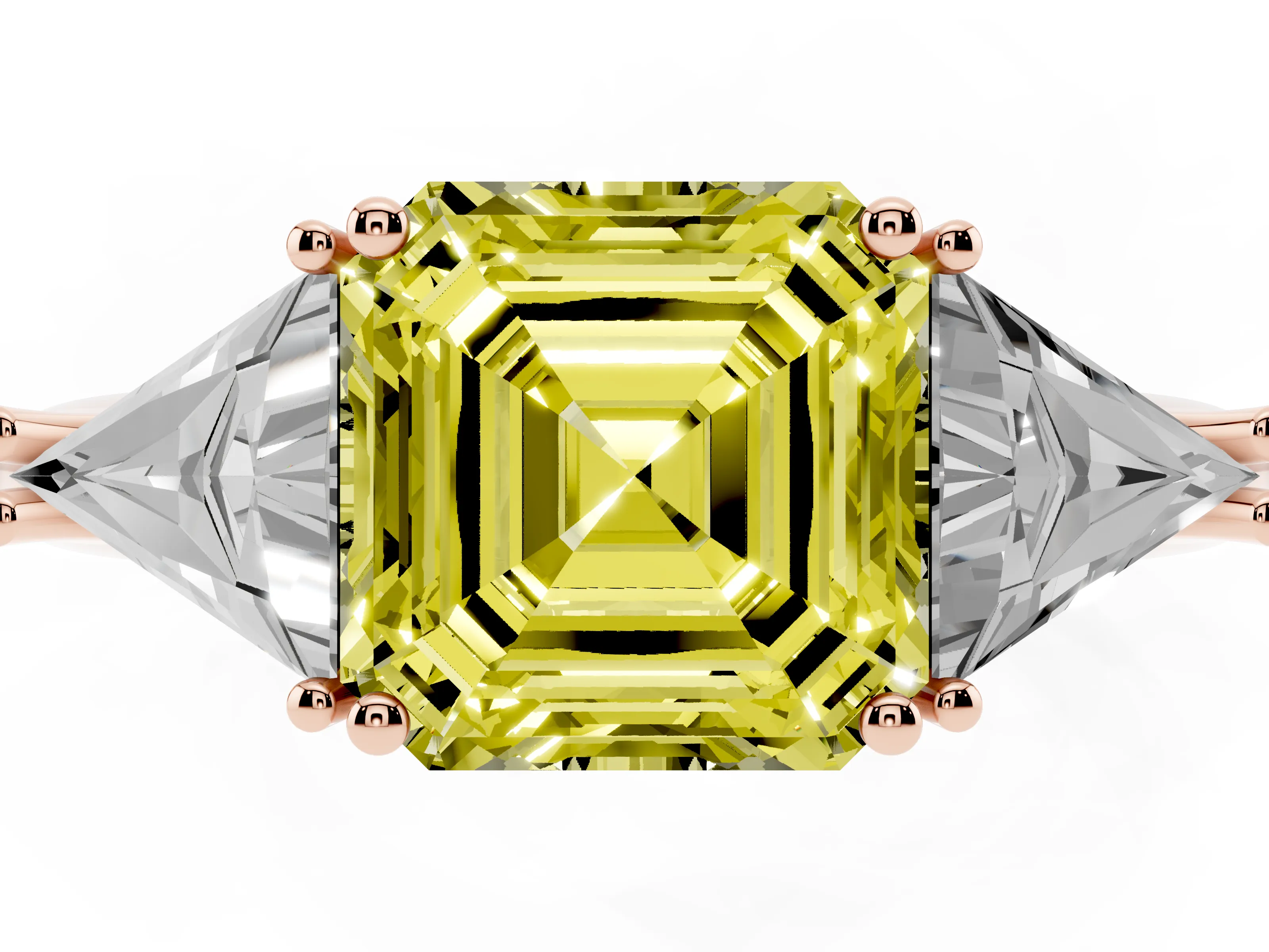 Fancy Yellow Asscher Cut Diamond Three-Stone Engagement Ring Set in Rose gold with Trillion Side Stones