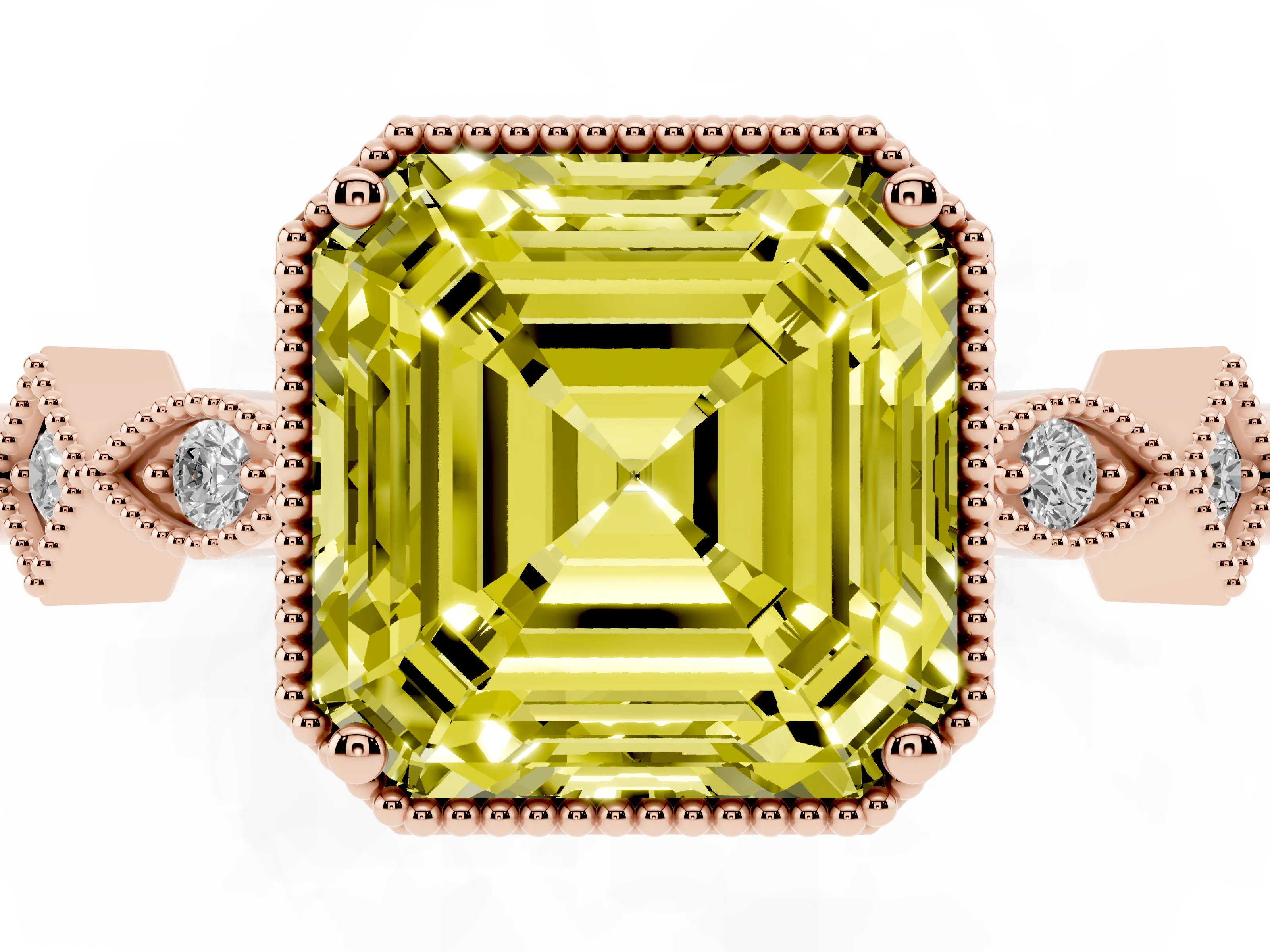 Fancy Yellow Asscher Cut Diamond Milgrain Marquise Twist Band Ring Set in Rose gold with Prong Setting