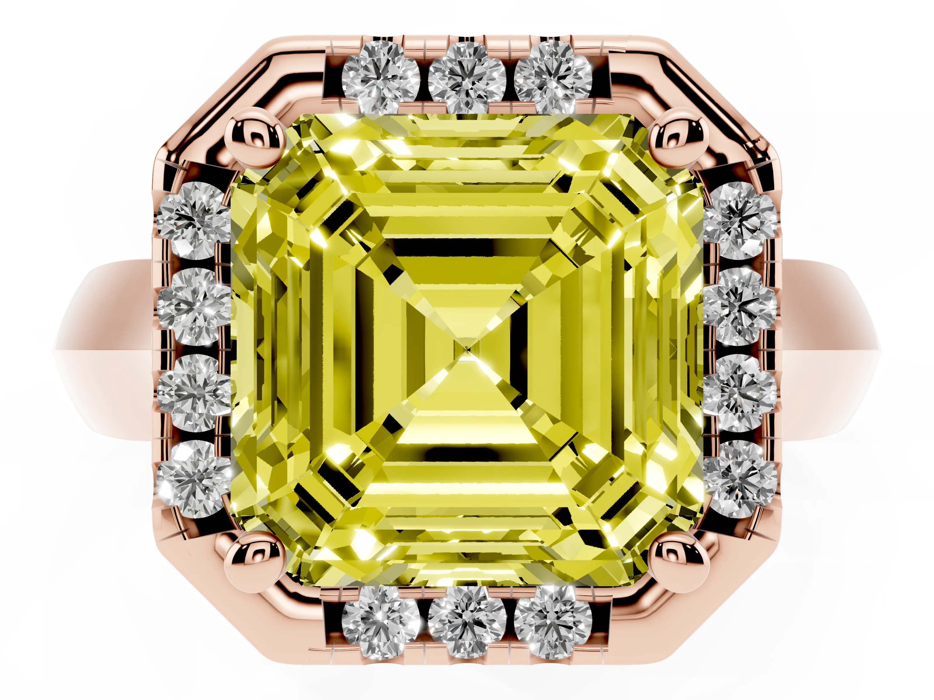 Fancy Yellow Asscher Cut Diamond Halo Solitaire Engagement Ring Set in Rose gold with Square Band and Prong Setting