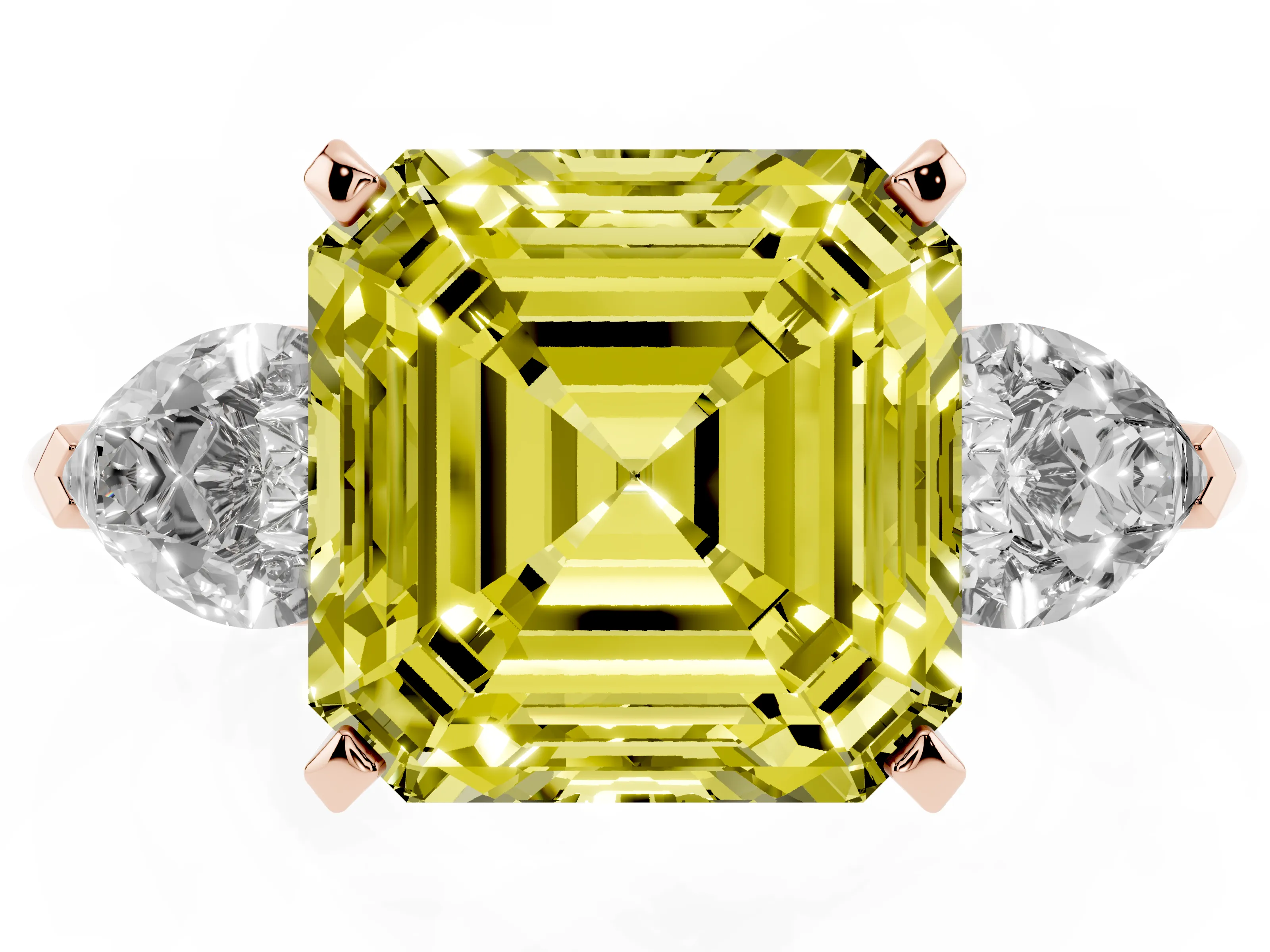 Fancy Yellow Three-Stone Asscher Cut Diamond Ring Set in Rose gold with Pear Side Stones and Prong Setting