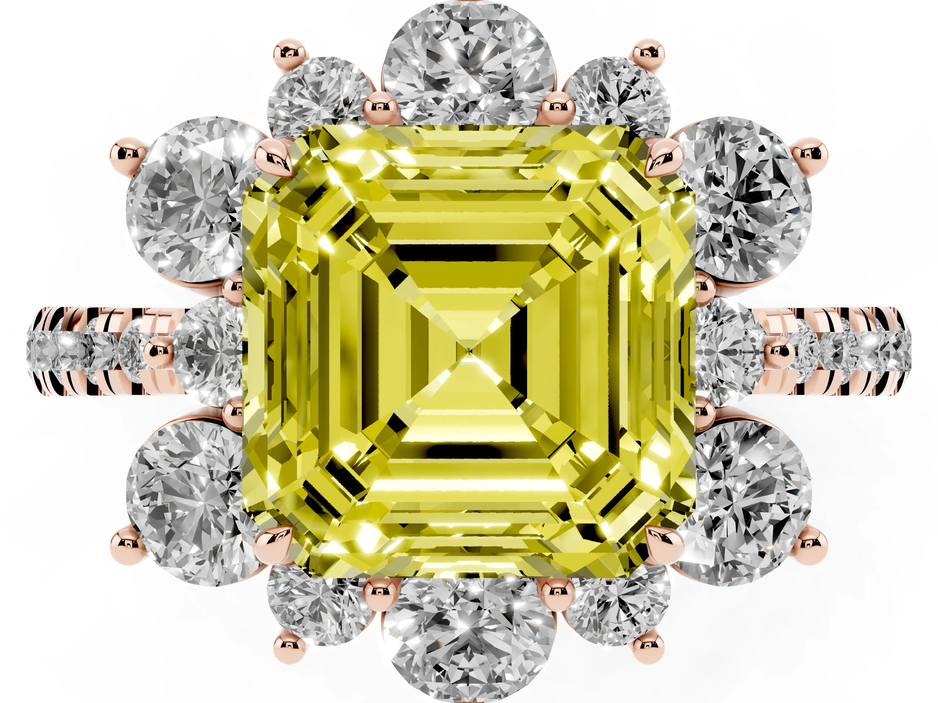 Fancy Yellow Asscher Cut Diamond Floral Halo Ring Set in Rose gold with Round Pavé Band and Prong Setting