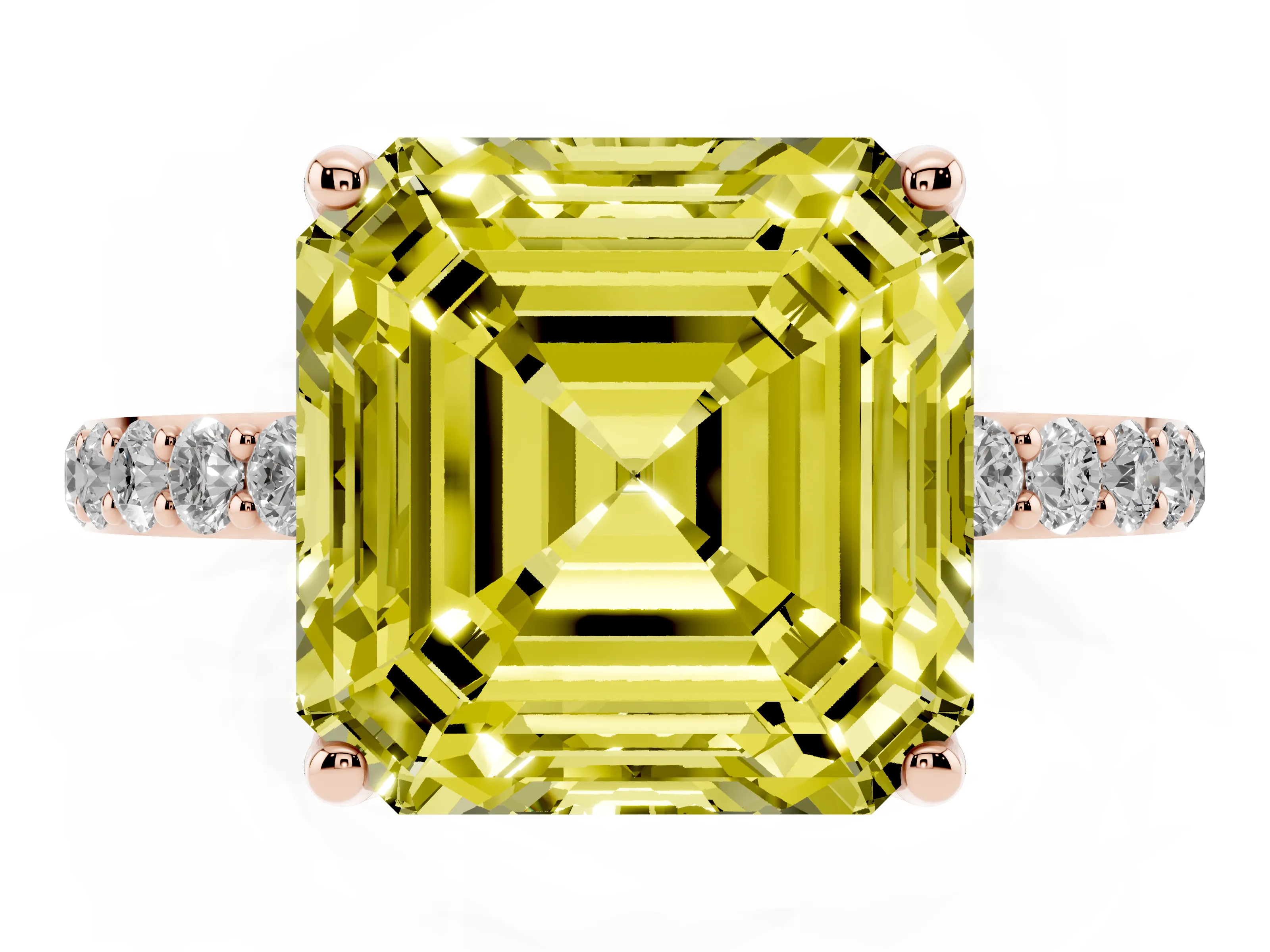 Fancy Yellow Asscher Cut Diamond Solitaire Engagement Ring Set in Rose gold with Round Pavé Band and Prong Setting