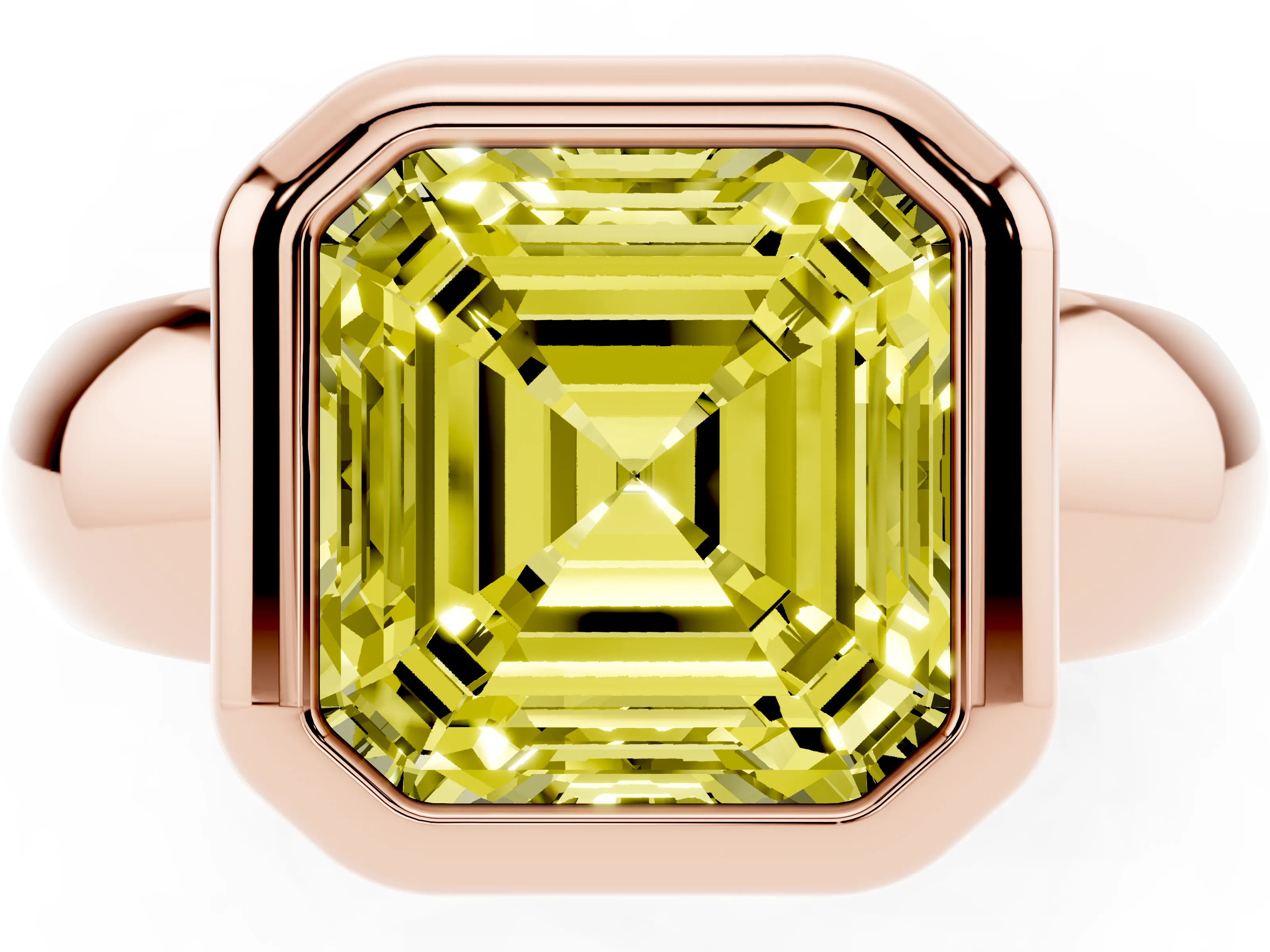 Fancy Yellow Bezel Set Asscher Cut Diamond Solitaire Ring Set in Rose gold with Wide Band