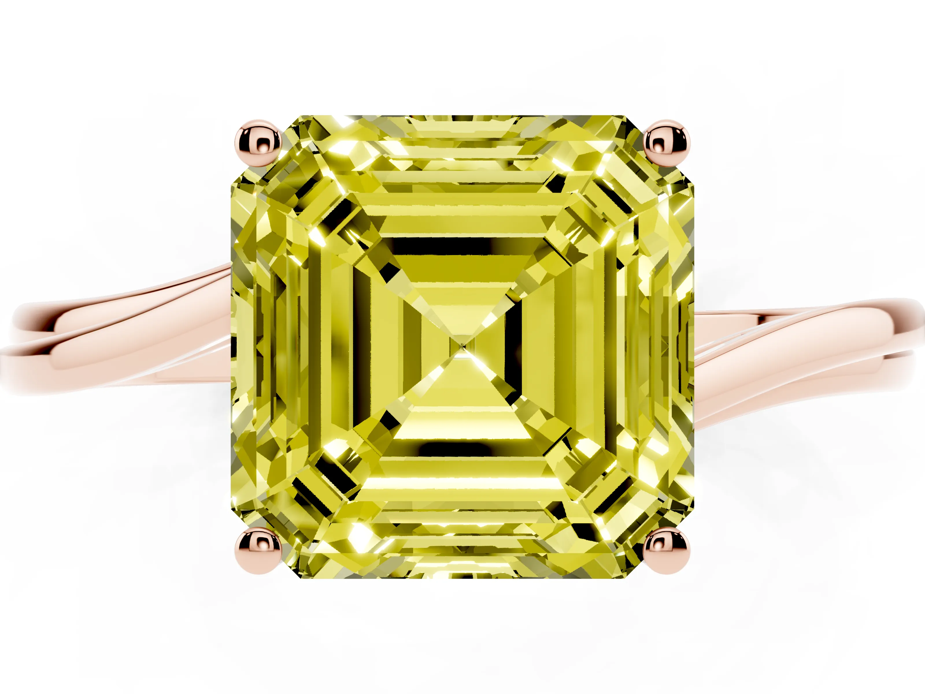 Fancy Yellow Asscher Cut Diamond Solitaire Twist Band Ring Set in Rose gold with Prong Setting