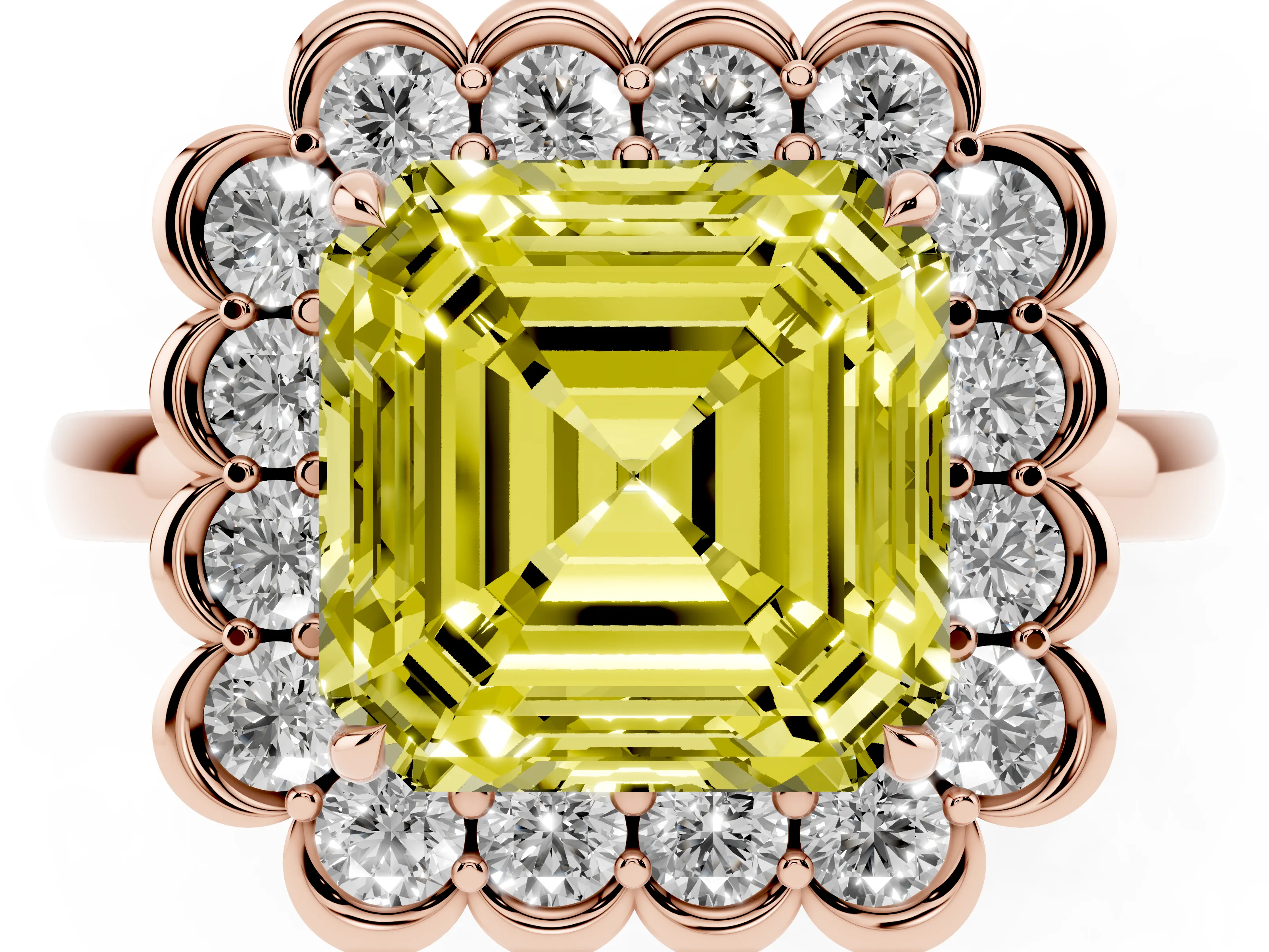 Fancy Yellow Asscher Cut Diamond Halo Cluster Engagement Ring Set in Rose gold with Solitaire Band and Prong Setting