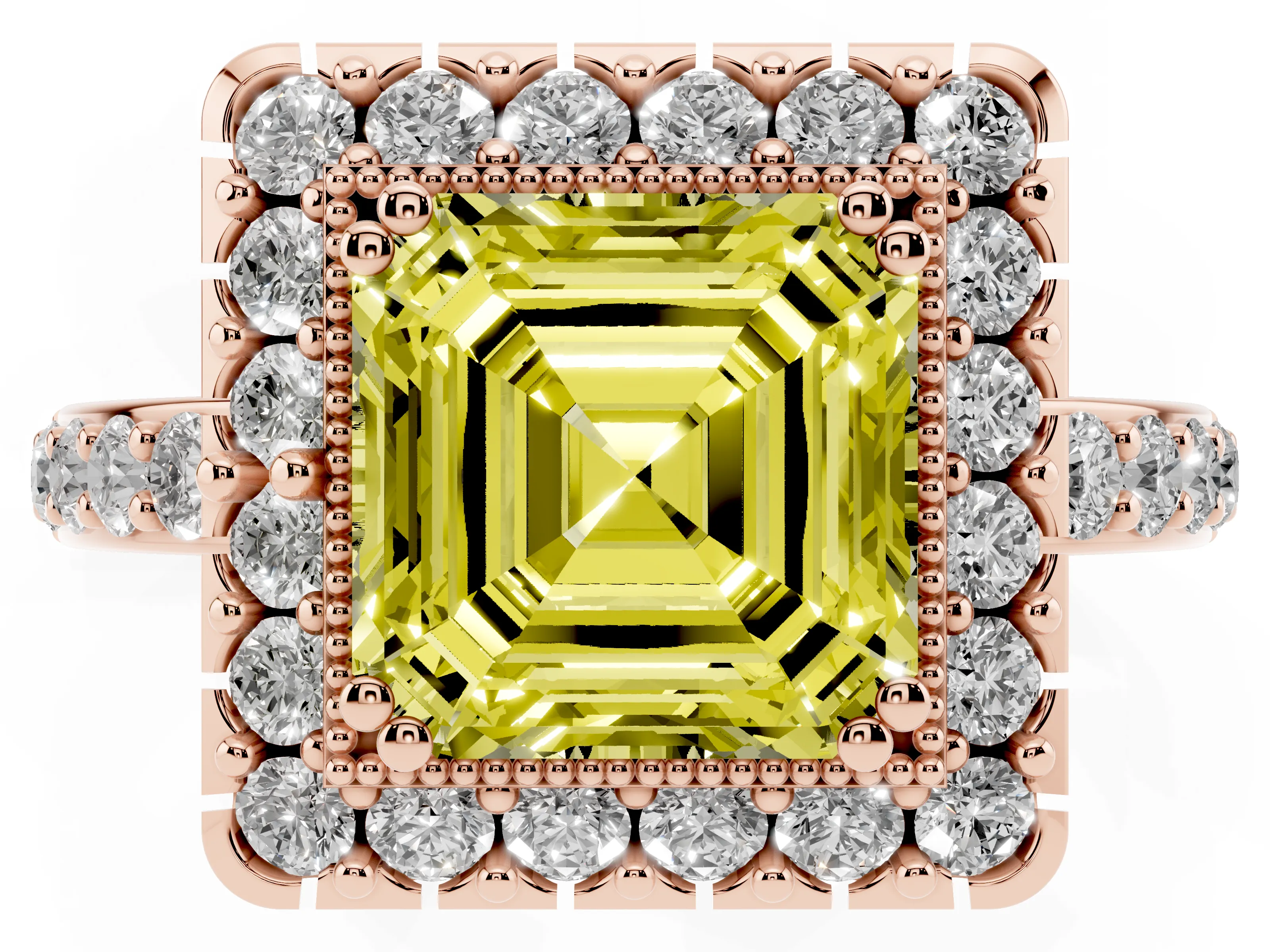 Fancy Yellow Asscher Cut Diamond Halo Ring Set in Rose gold with Pavé Shank and Prong Setting