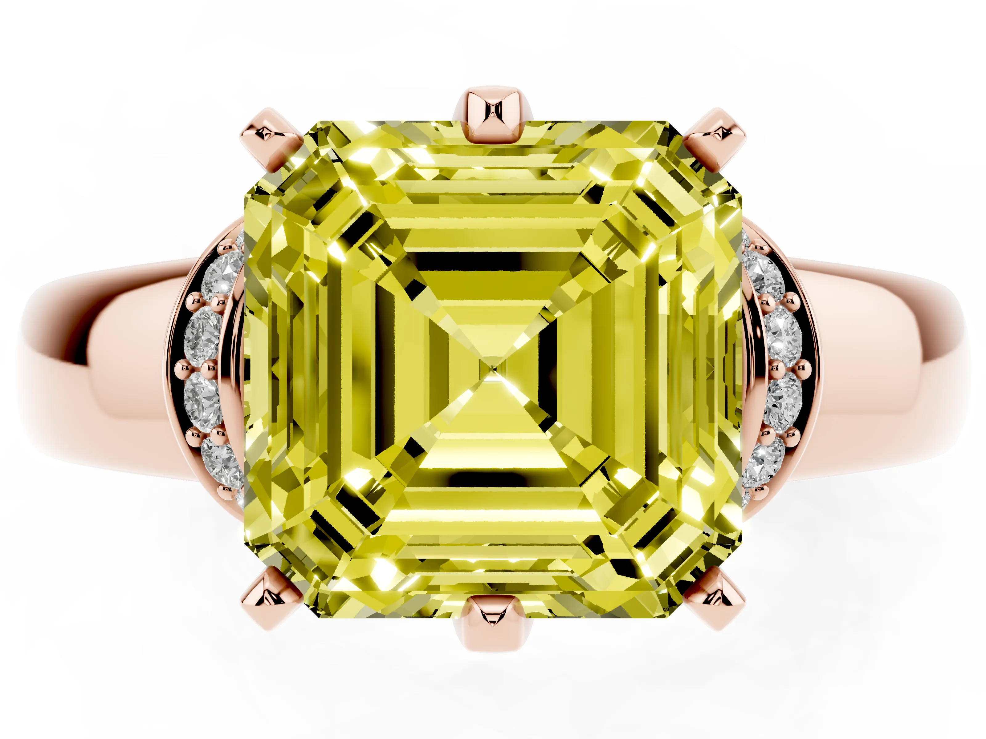 Fancy Yellow Asscher Cut Diamond Pavé Band Solitaire Ring Set in Rose gold with Prong Setting