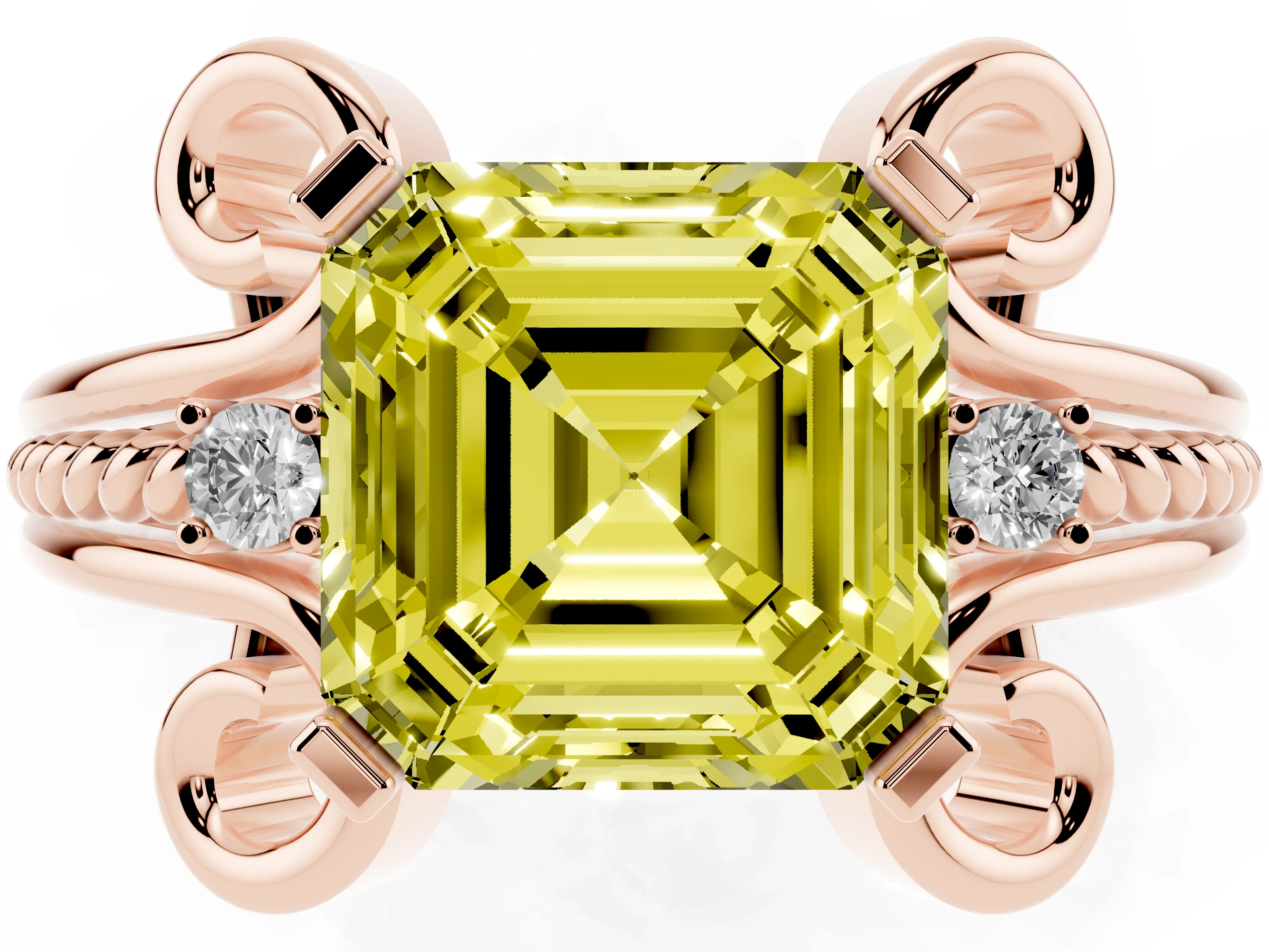 Fancy Yellow Asscher Cut Diamond Twisted Band Solitaire Ring Set in Rose gold with Scroll Prongs