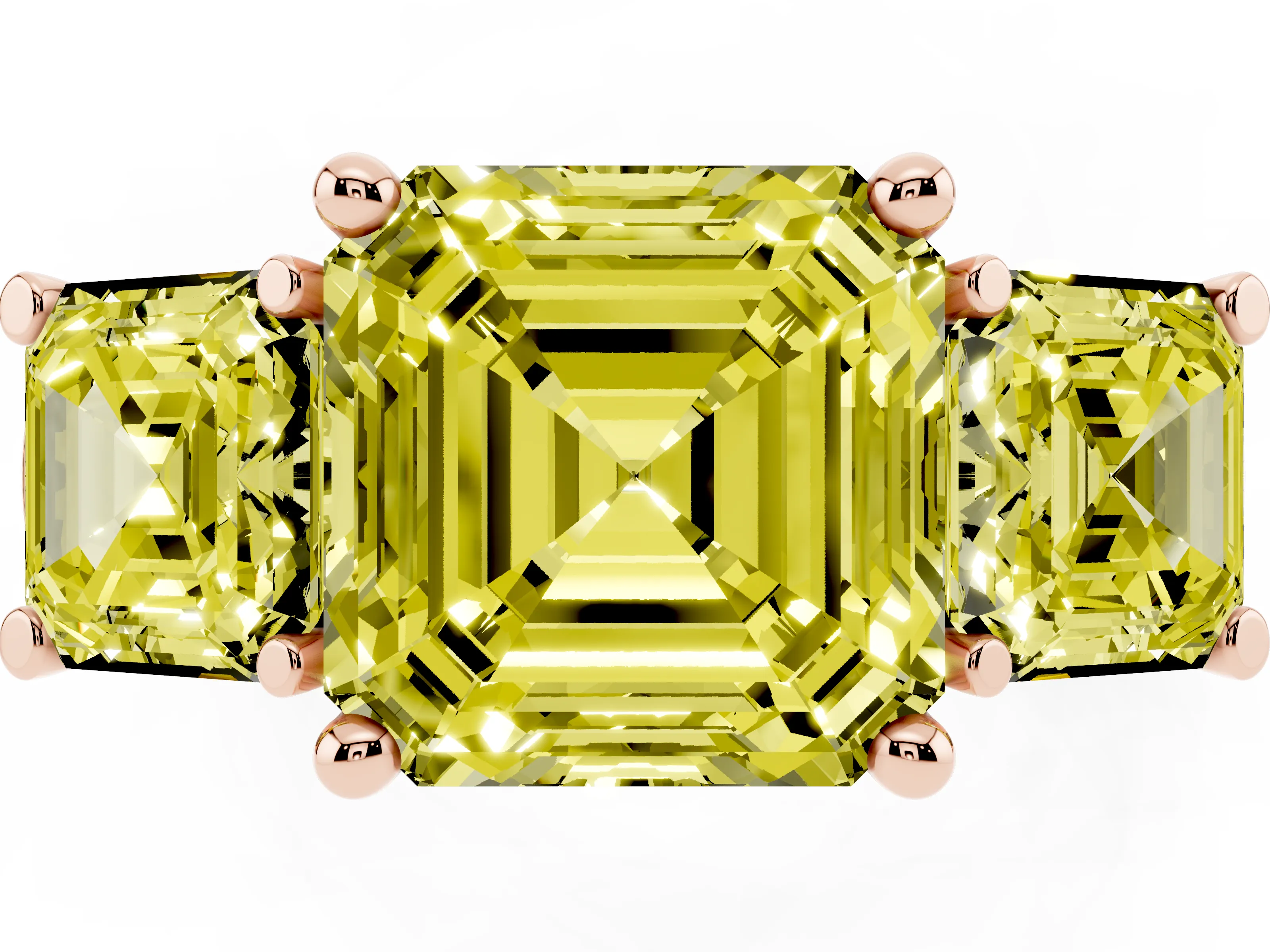 Fancy Yellow Asscher Cut Diamond Three-Stone Trellis Ring Set in Rose gold with Comfort Fit Band