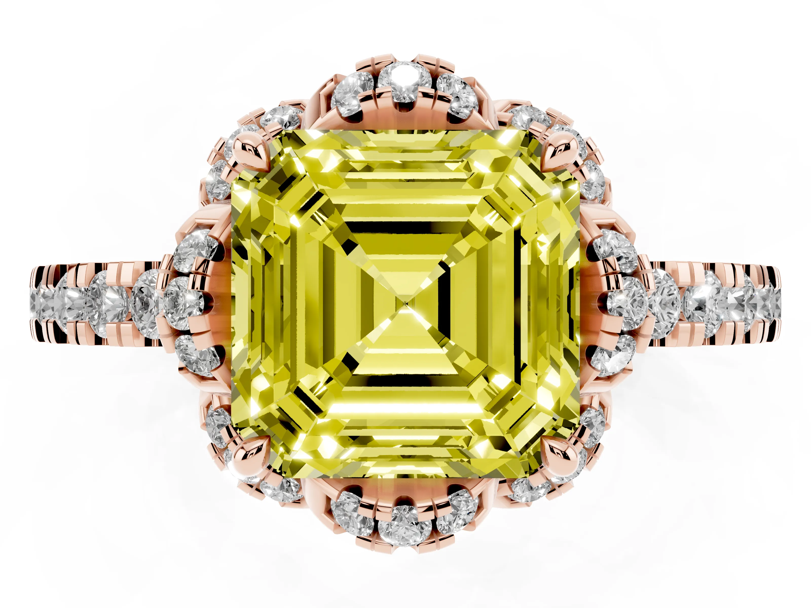 Fancy Yellow Asscher Cut Diamond Halo Pavé Ring Set in Rose gold with Prong-Held Center Stone
