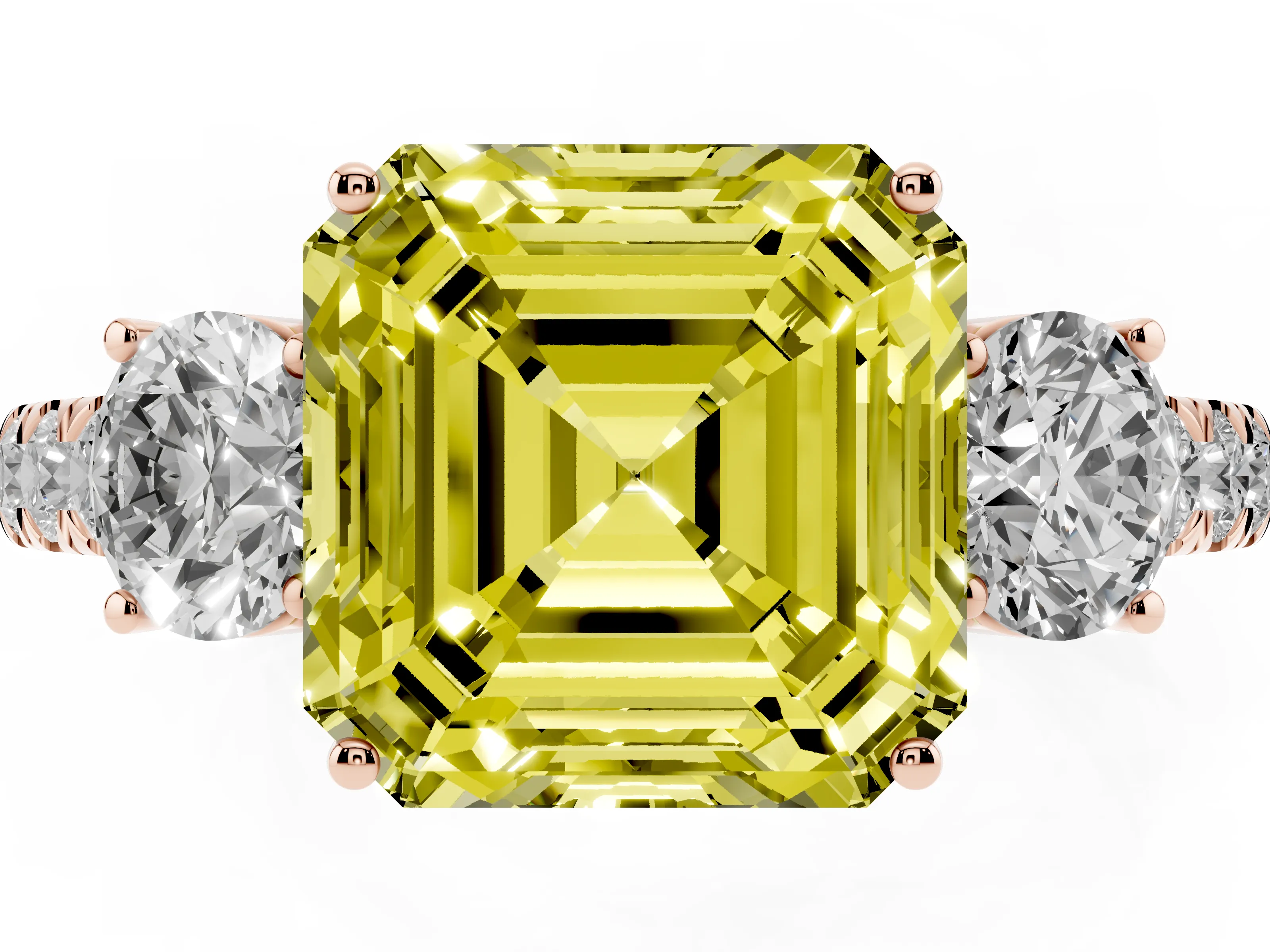 Fancy Yellow Asscher Cut Diamond Three-Stone Ring Set in Rose gold with Round Side Stones and Delicate Pavé Band