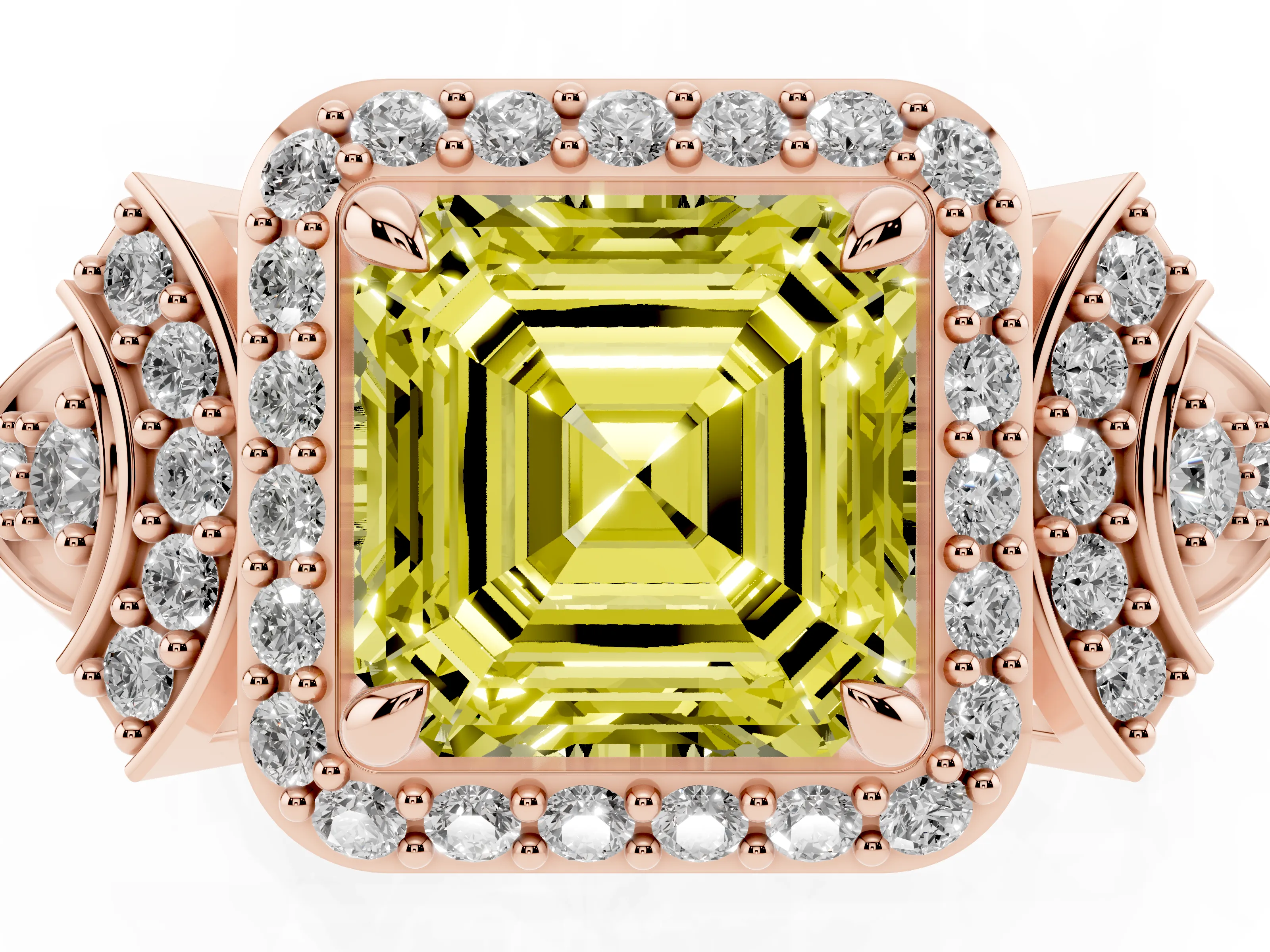 Fancy Yellow Asscher Cut Diamond Halo Engagement Ring Set in Rose gold with Accent Stone Split Shank