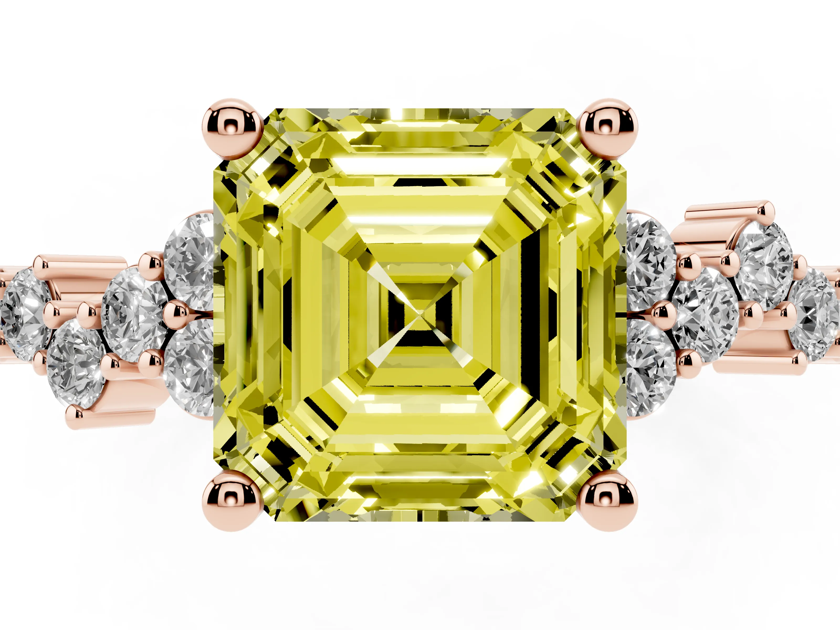 Fancy Yellow Asscher Cut Diamond Ring Set in Rose gold with Scattered Round Accents