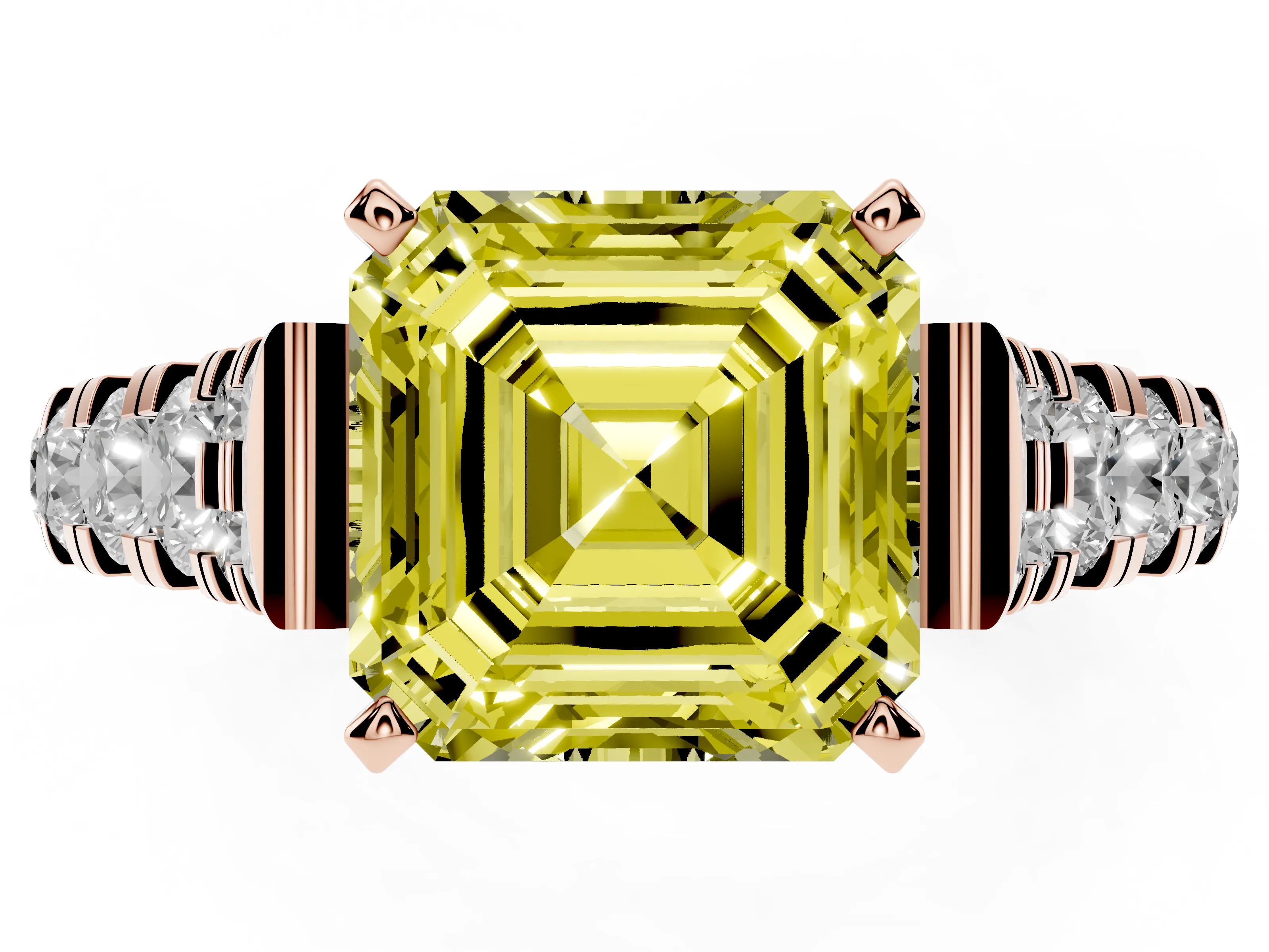 Fancy Yellow Asscher Cut Diamond Classic Solitaire Ring Set in Rose gold with Pavé Band and Prong Setting