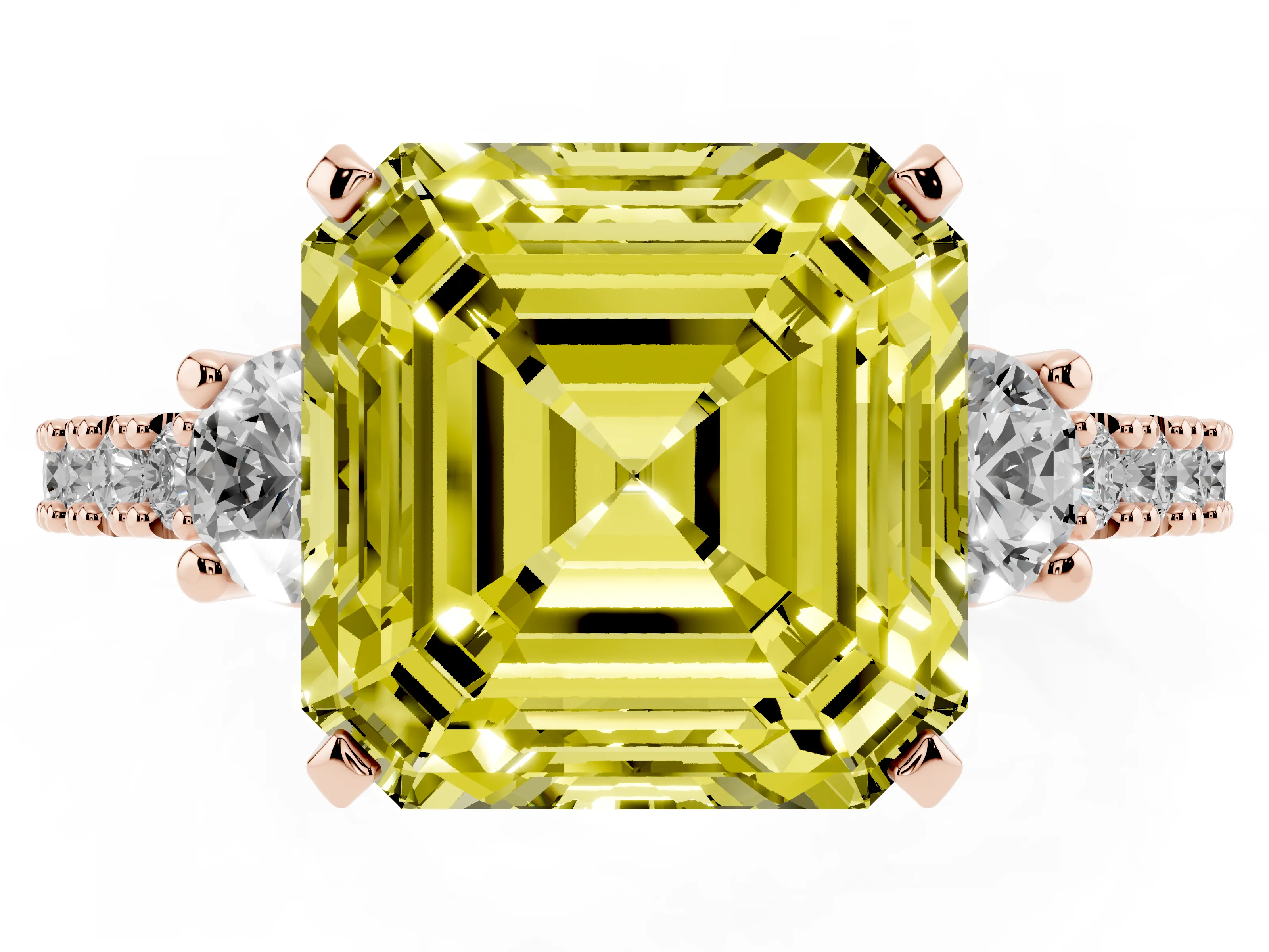 Fancy Yellow Three-Stone Asscher Cut Diamond Pavé Band Ring Set in Rose gold with Prong Setting