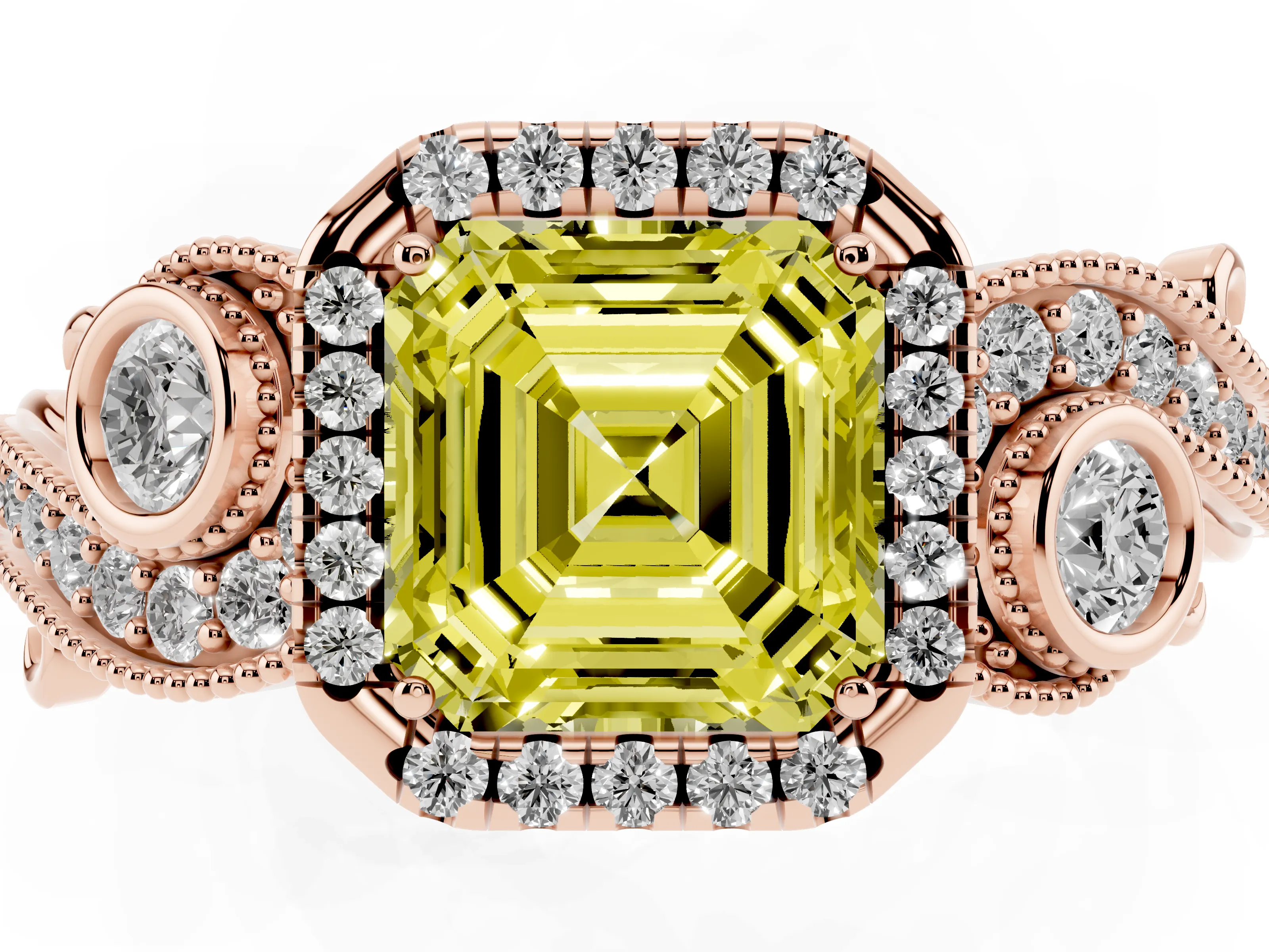 Fancy Yellow Asscher Cut Diamond Halo Ring Set in Rose gold with Milgrain Pavé Band and Prong Setting