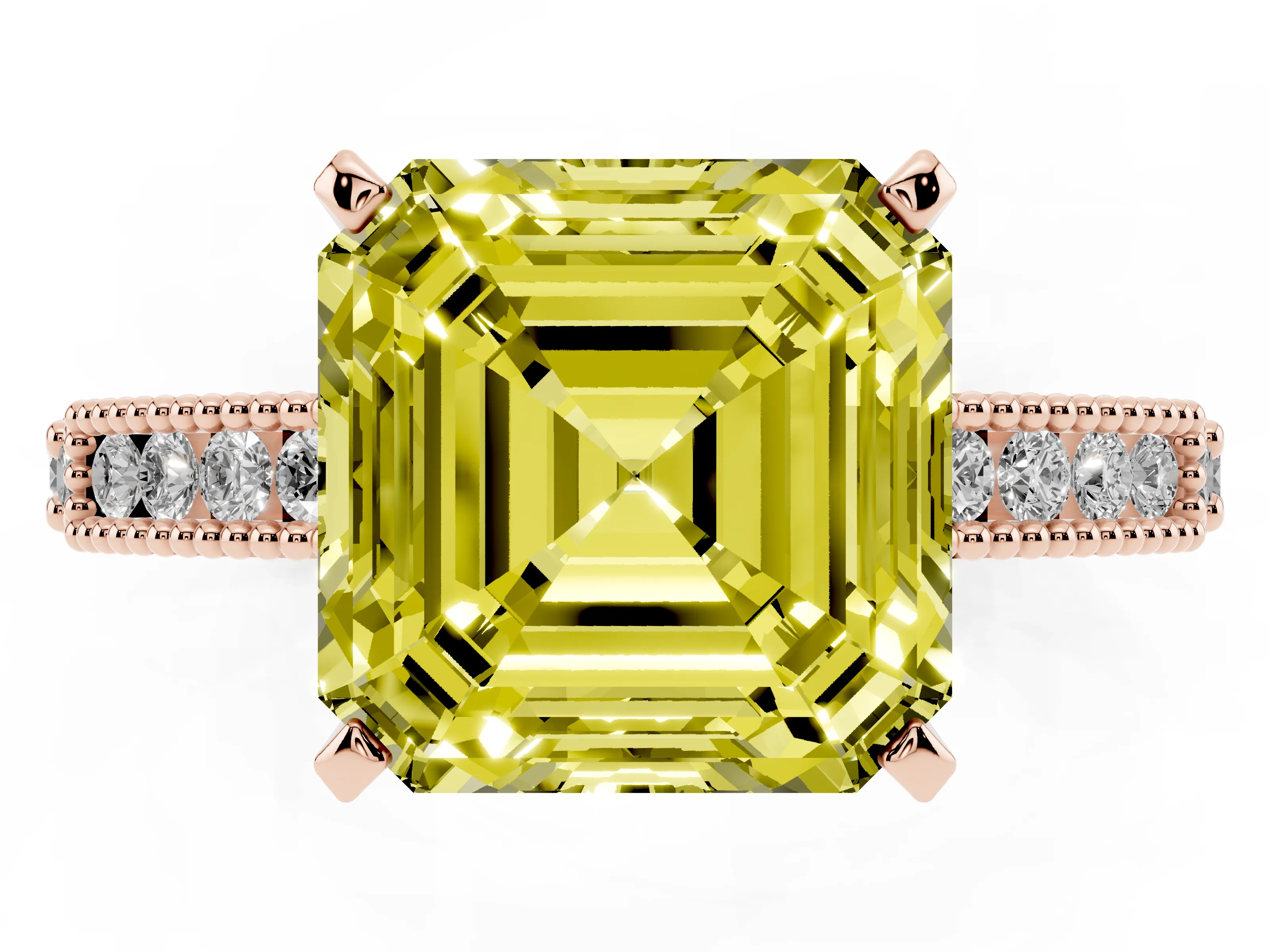Fancy Yellow Asscher Cut Diamond Solitaire Ring Set in Rose gold with Slim Pavé Band and Prong Setting
