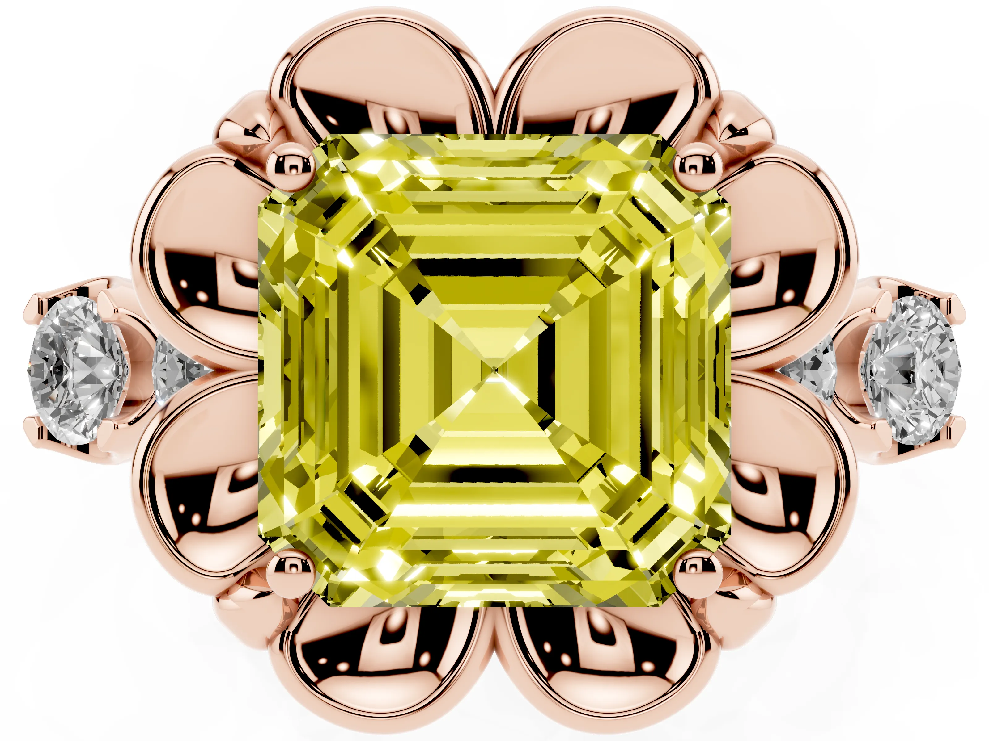 Fancy Yellow Asscher Cut Diamond Floral Halo Ring Set in Rose gold with Shared Prong Band