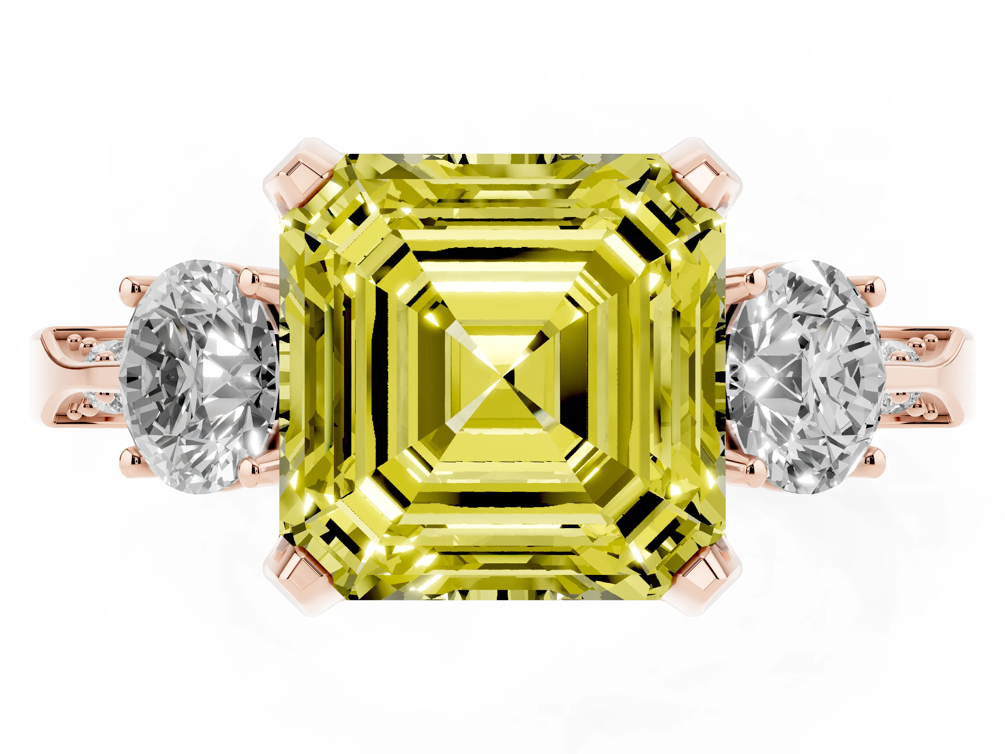 Fancy Yellow Asscher Cut Diamond Three-Stone Ring Set in Rose gold with Pavé Band and Smaller Side Stones