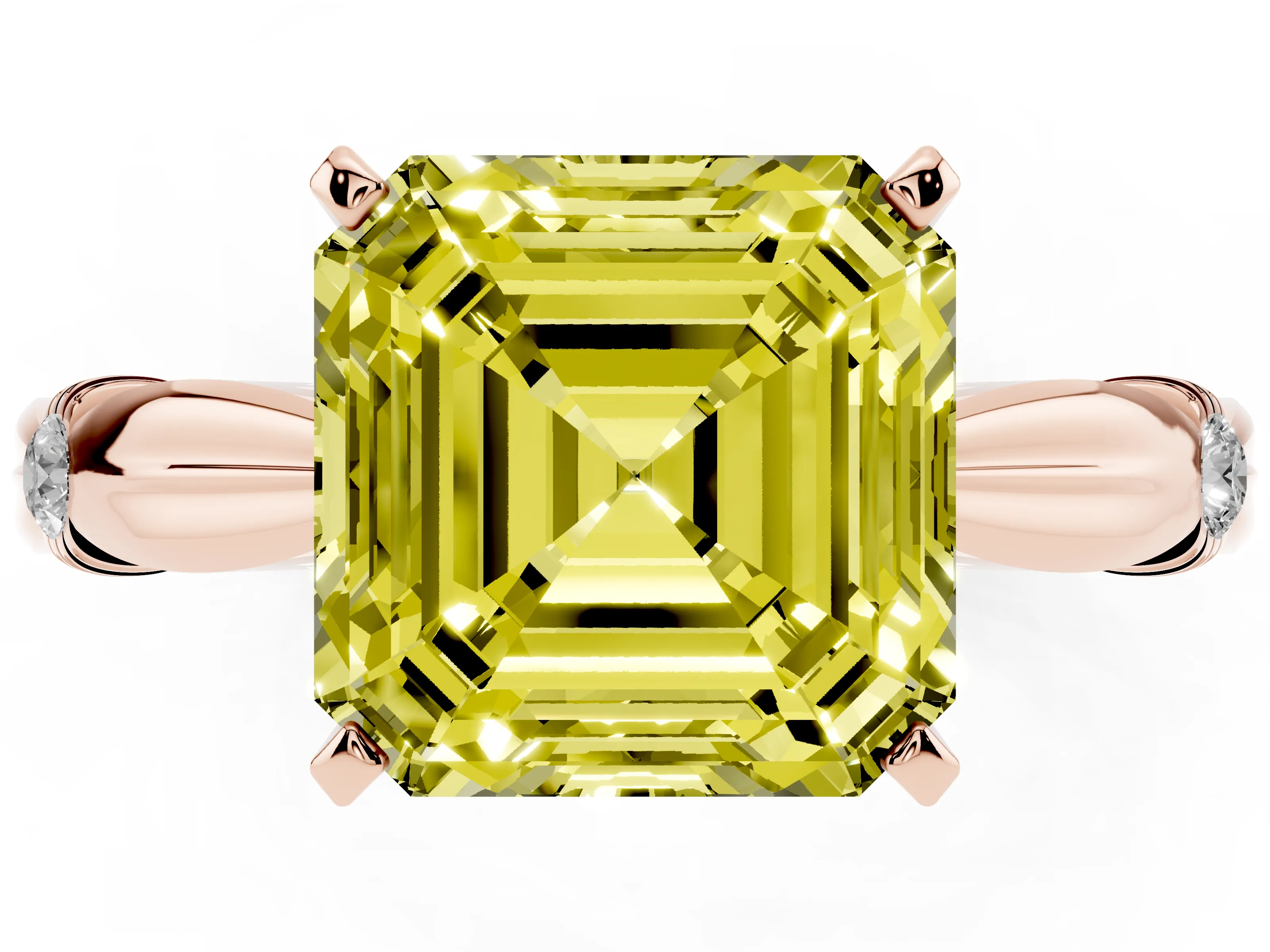 Fancy Yellow Asscher Cut Diamond Solitaire Twisted Band Ring Set in Rose gold with Accent Stones and Prong Setting