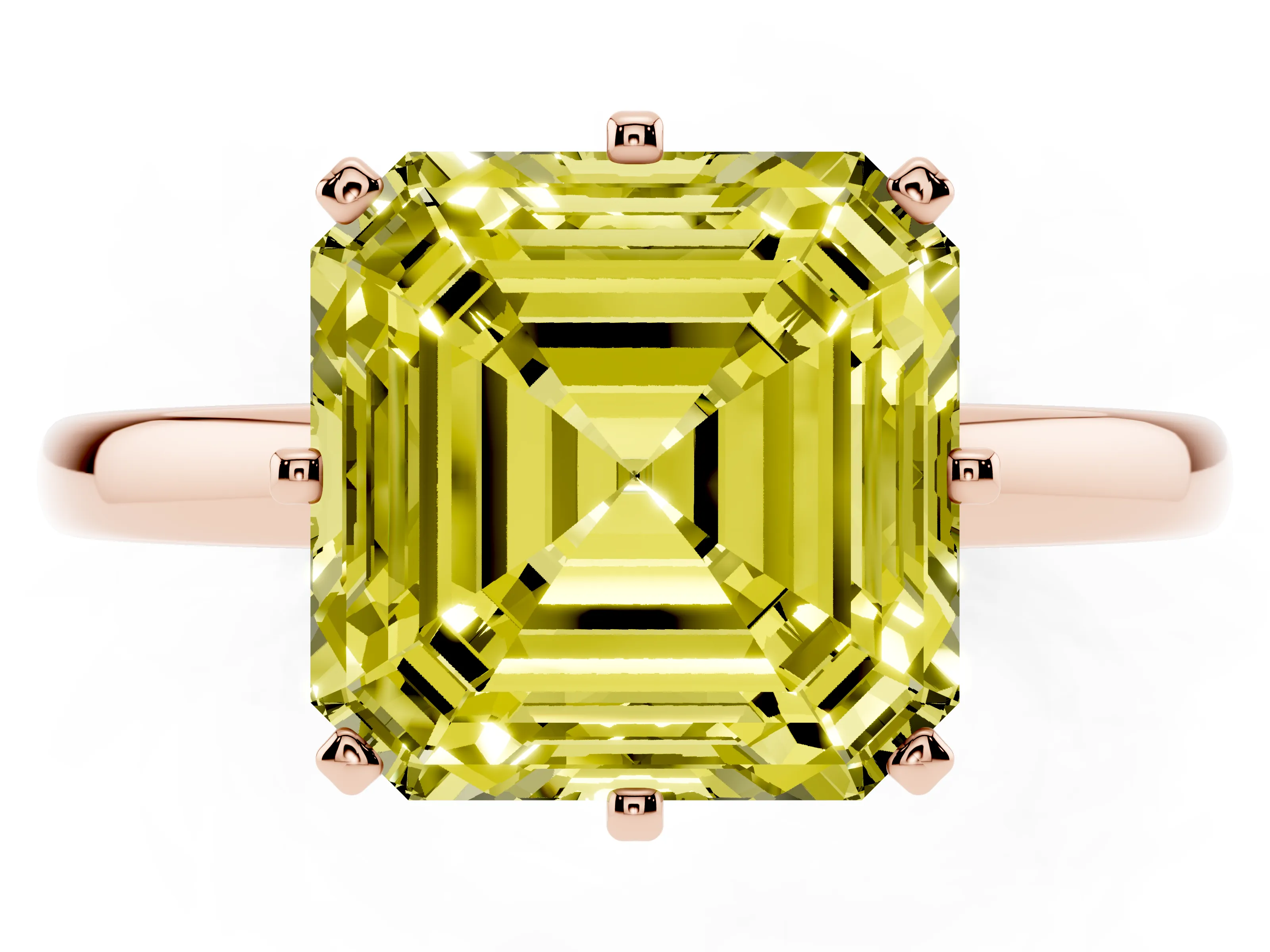 Fancy Yellow Asscher Cut Diamond Solitaire Ring Set in Rose gold with Raised Prong Setting on a Classic Band