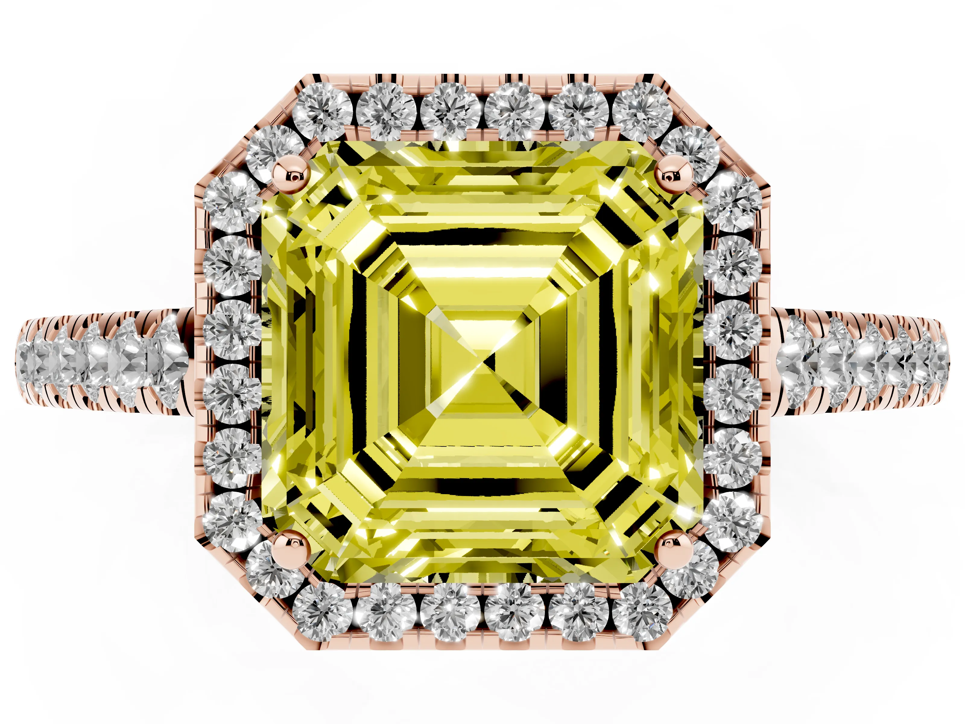 Fancy Yellow Asscher Cut Diamond Halo Pavé Engagement Ring Set in Rose gold with Prong Setting