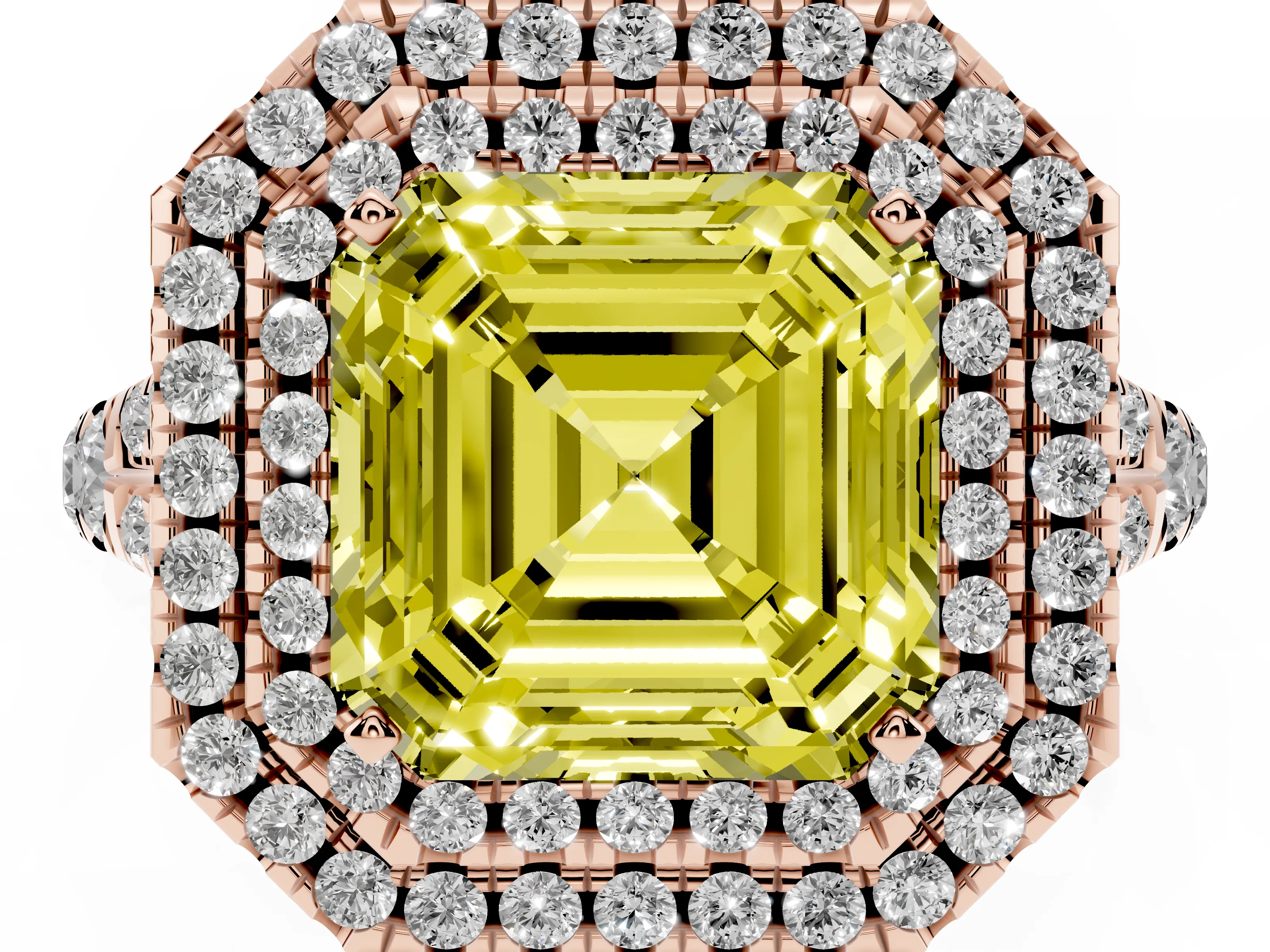 Fancy Yellow Asscher Cut Diamond Pavé Split Shank Double Halo Engagement Ring Set in Rose gold
