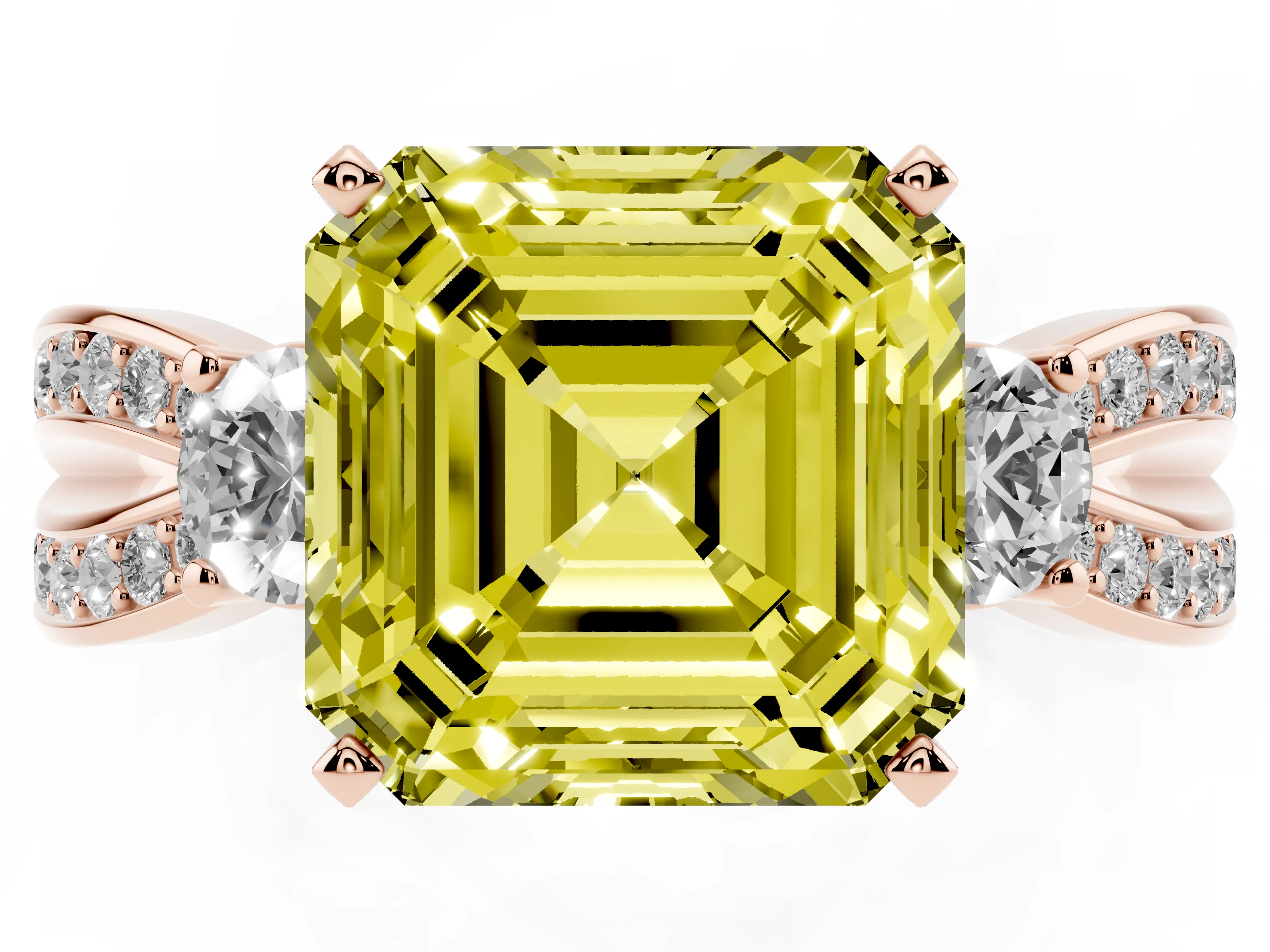 Fancy Yellow Three-Stone Asscher Cut Diamond Twist Band Ring Set in Rose gold with Pavé Accents and Prong Setting
