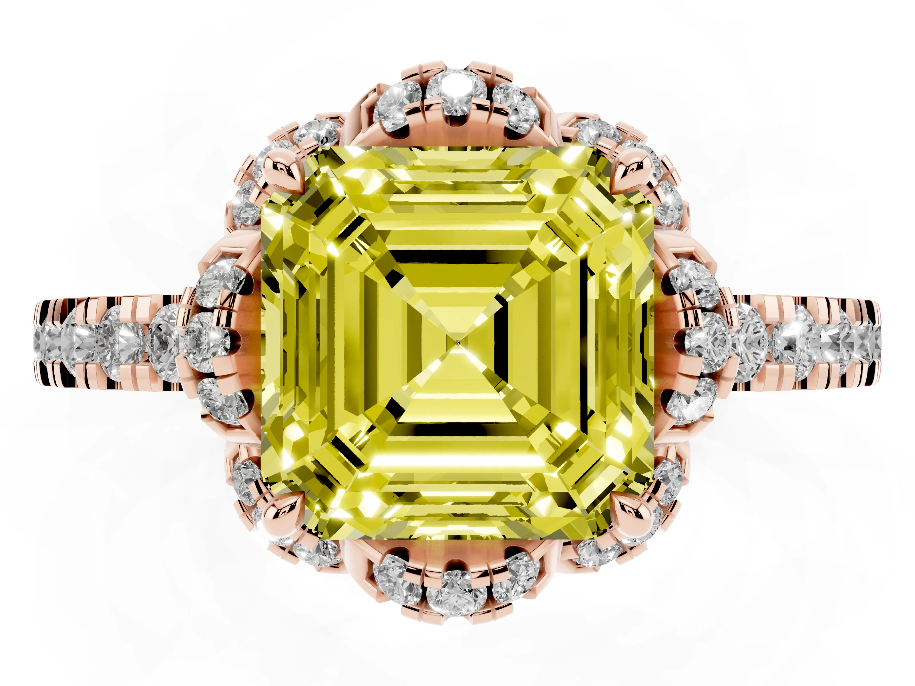Fancy Yellow Asscher Cut Diamond Halo Pavé Band Ring Set in Rose gold with Prong-Held Center