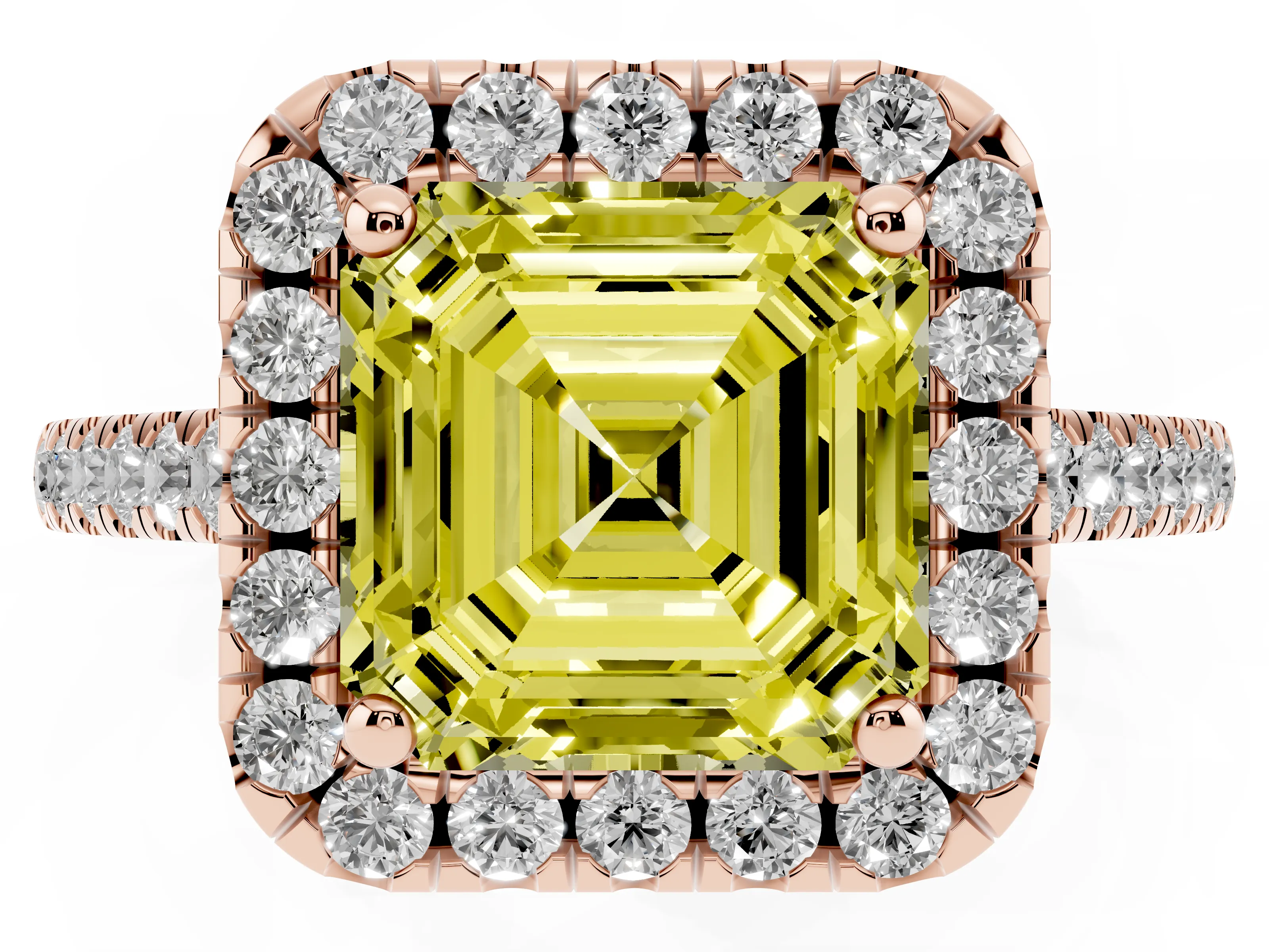 Fancy Yellow Asscher Cut Diamond Pavé Halo Engagement Ring Set in Rose gold with Pavé Band and Prong Setting
