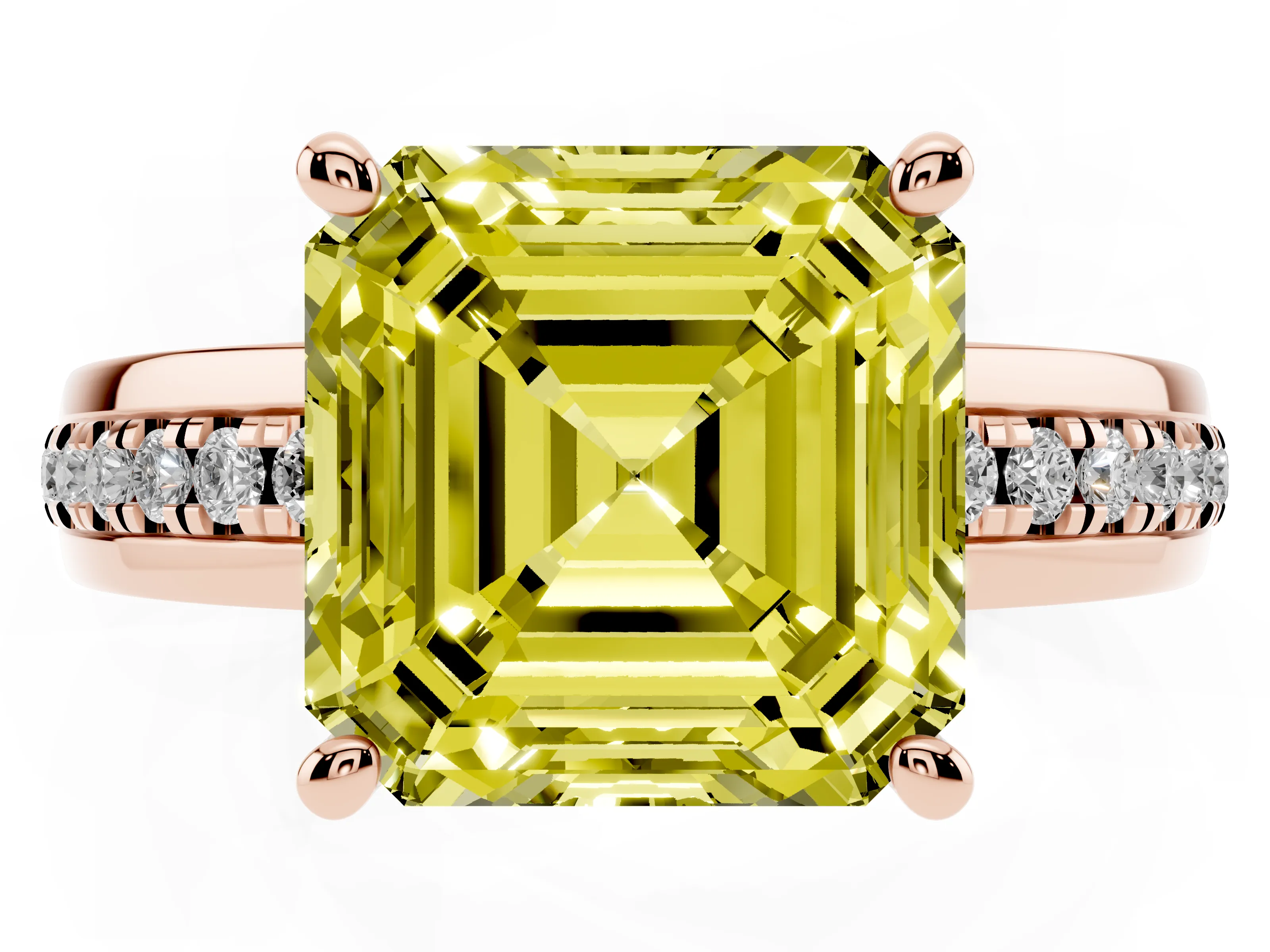 Fancy Yellow Asscher Cut Diamond Solitaire Ring Set in Rose gold with Channel Set Band and Prong Setting